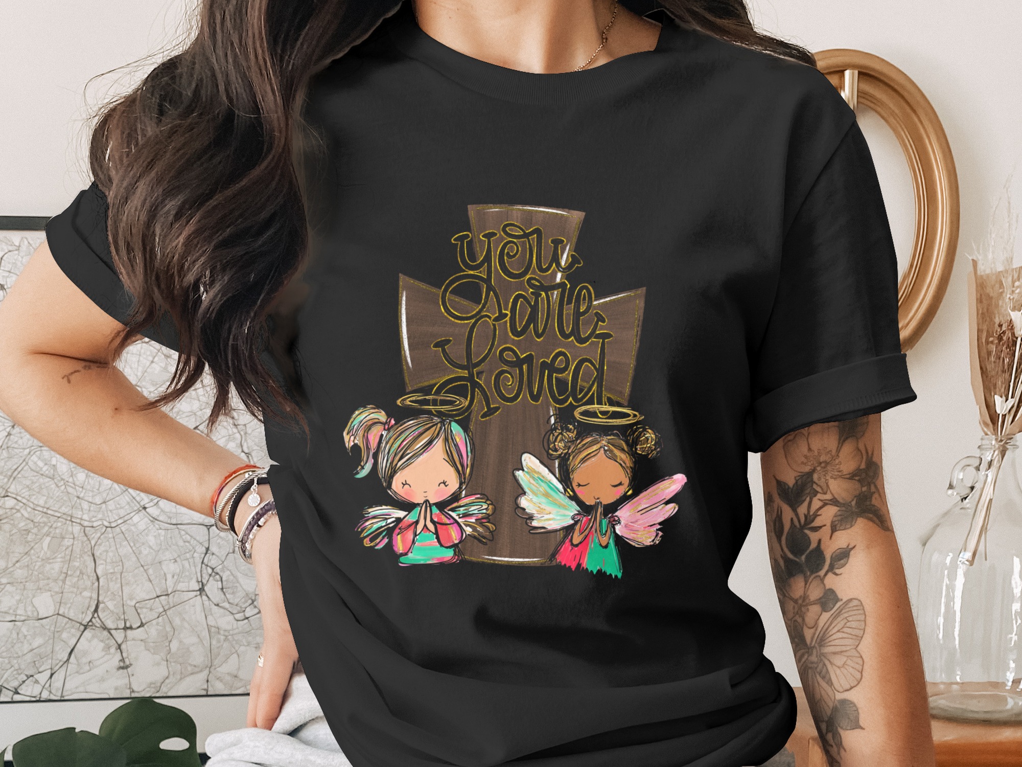 You Are Loved Angels, Cross Sublimation DTF Digital Download PNG, Christian Religious Print, Cute Angels, Girl Design, DIY Project - Image 2