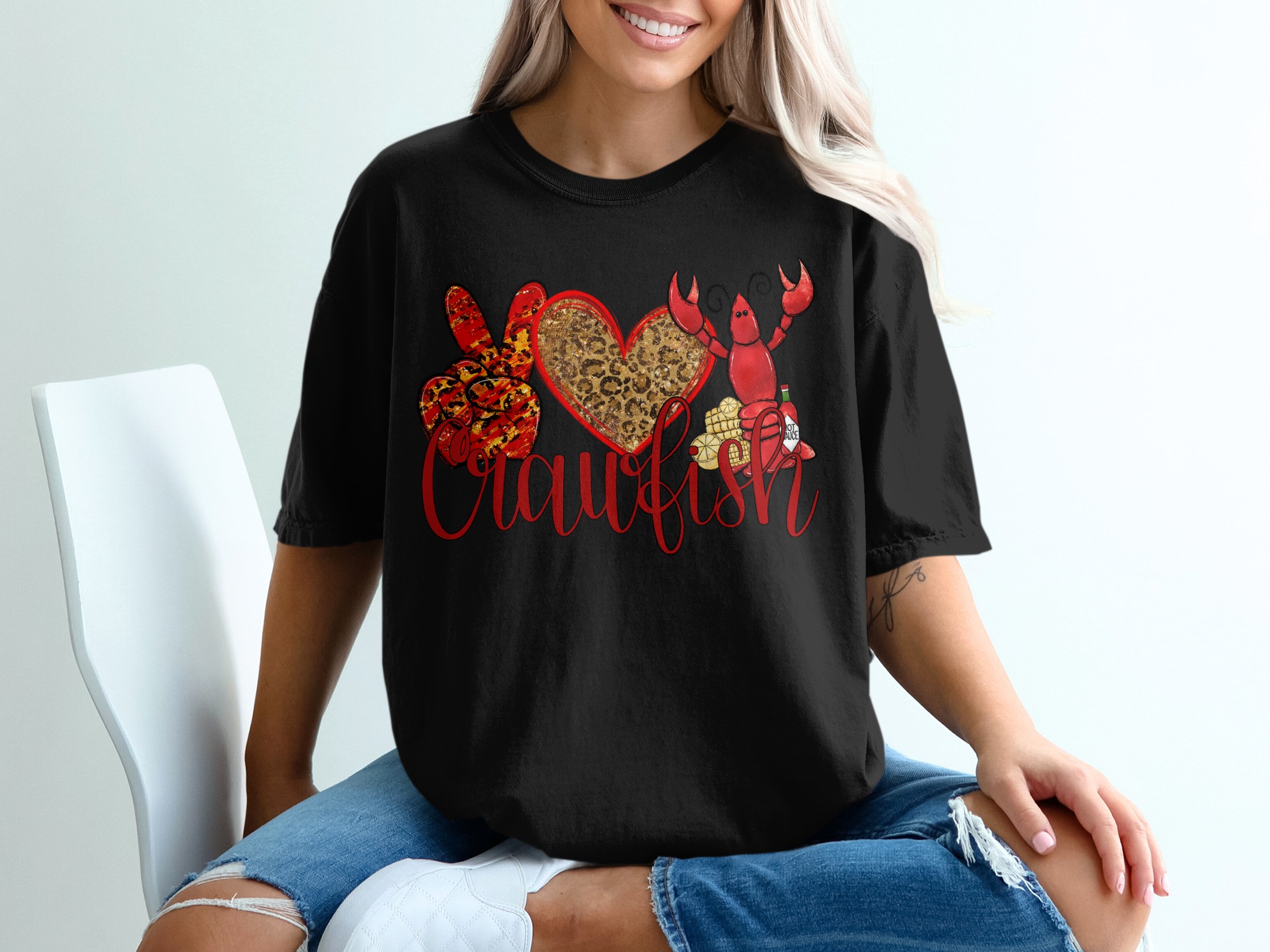 Crawfish T-Shirt, Peace Love Crawfish, Leopard Heart, Louisiana T Shirt, Cajun Food Tee, Boil T-Shirt, Party Shirt, Foodie Gift, Shrimp T - Image 2