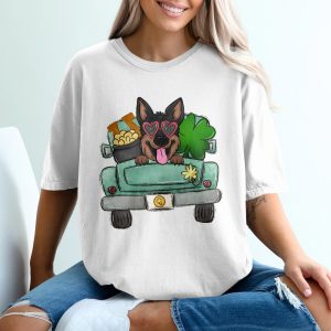St Patricks Day T-Shirt, German Shepherd Dog in Truck with Shamrock, Pot of Gold T-Shirt, Lucky Irish Puppy Tee, Dog Lover Gift T-Shirt