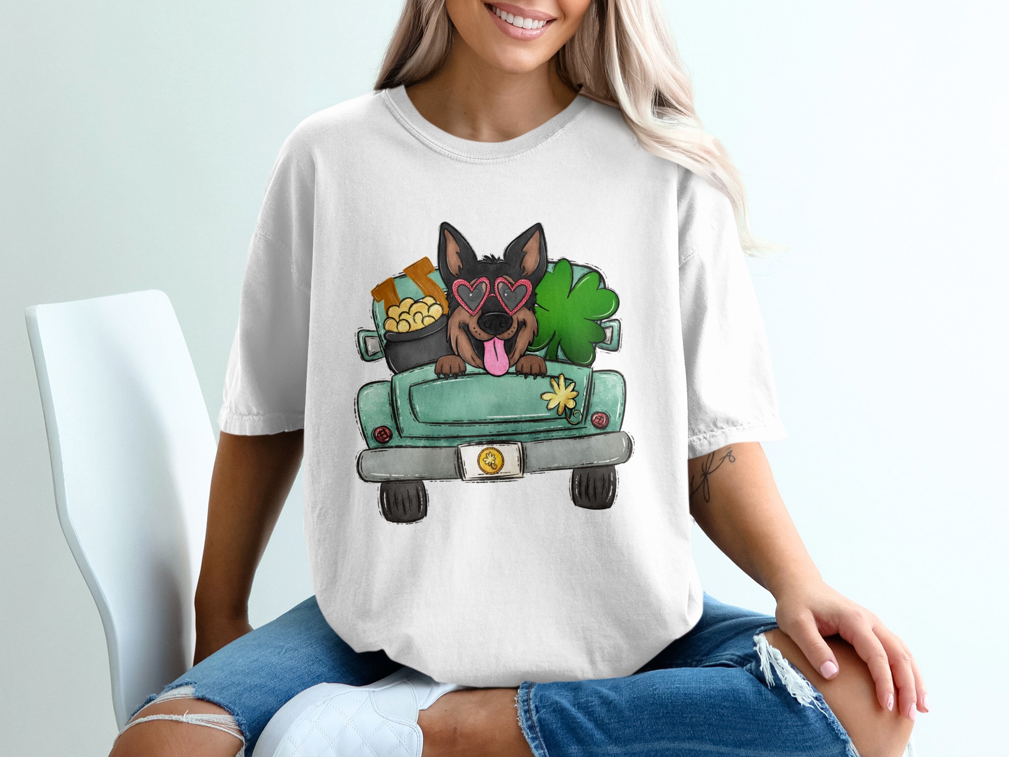 St Patricks Day T-Shirt, German Shepherd Dog in Truck with Shamrock, Pot of Gold T-Shirt, Lucky Irish Puppy Tee, Dog Lover Gift T-Shirt