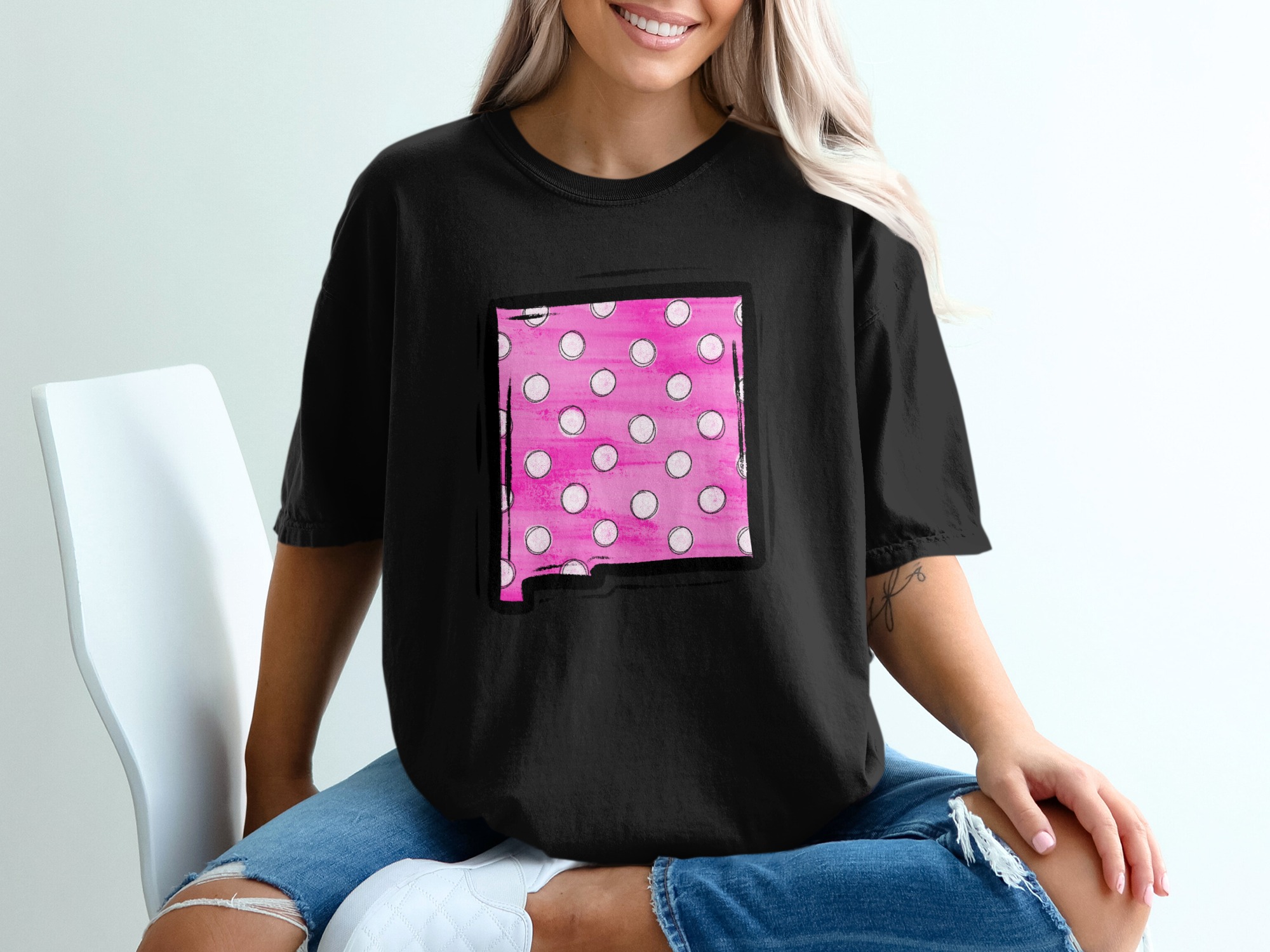 Pink Polka Dot T-Shirt, Abstract Design, Square Graphic Tee, Trendy Top, Casual Wear, Stylish Shirt, Fashionable Apparel, Gift Idea - Image 2