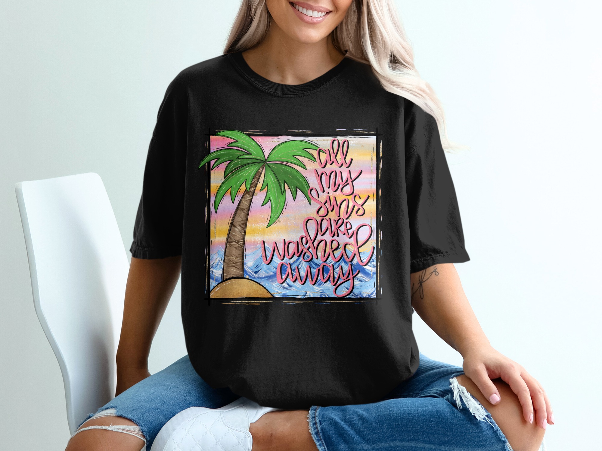 Washed Away Sins Digital Download, Palm Tree Sublimation, Beach DTF PNG, Christian Design, Faith Saying, Ocean Waves - Image 2