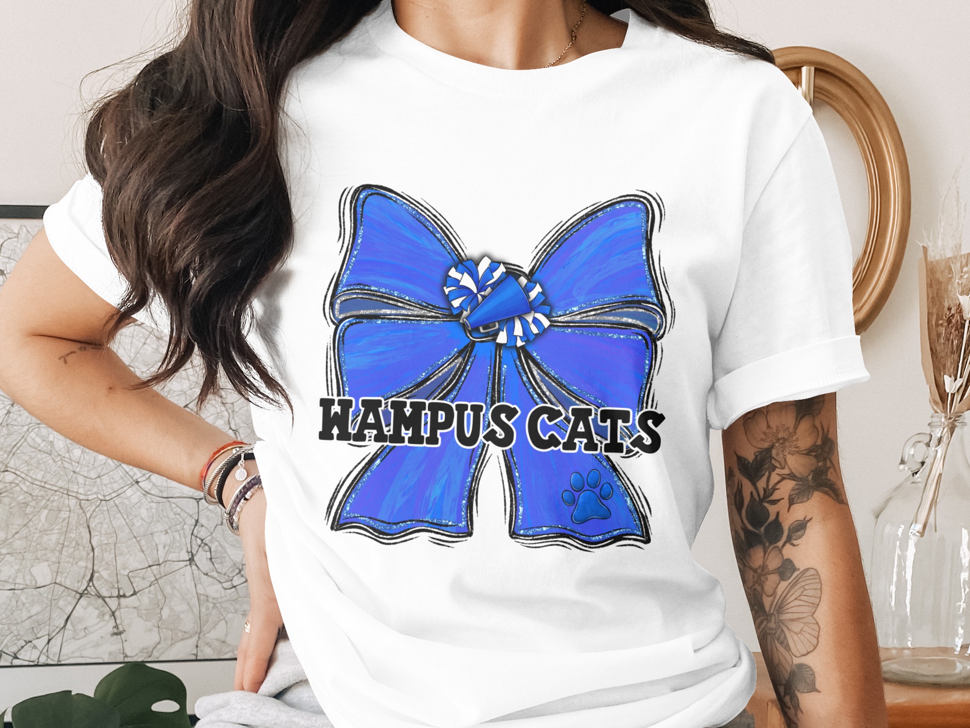 Wampus Cats PNG, Digital Download, Sublimation, DTF, School Spirit, Blue Bow, Paw Print, Cheerleading Design, Team Mascot, Wampus Cats