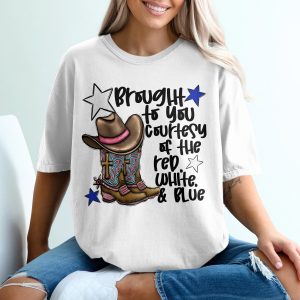Red White and Blue T-Shirt, Patriotic Cowboy Boots, USA Flag Shirt, American Pride Tee, Country Western Top, Star Design T-Shirt