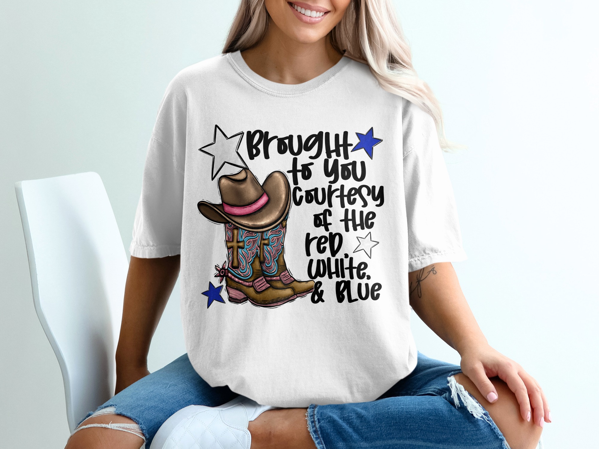 Red White and Blue T-Shirt, Patriotic Cowboy Boots, USA Flag Shirt, American Pride Tee, Country Western Top, Star Design T-Shirt
