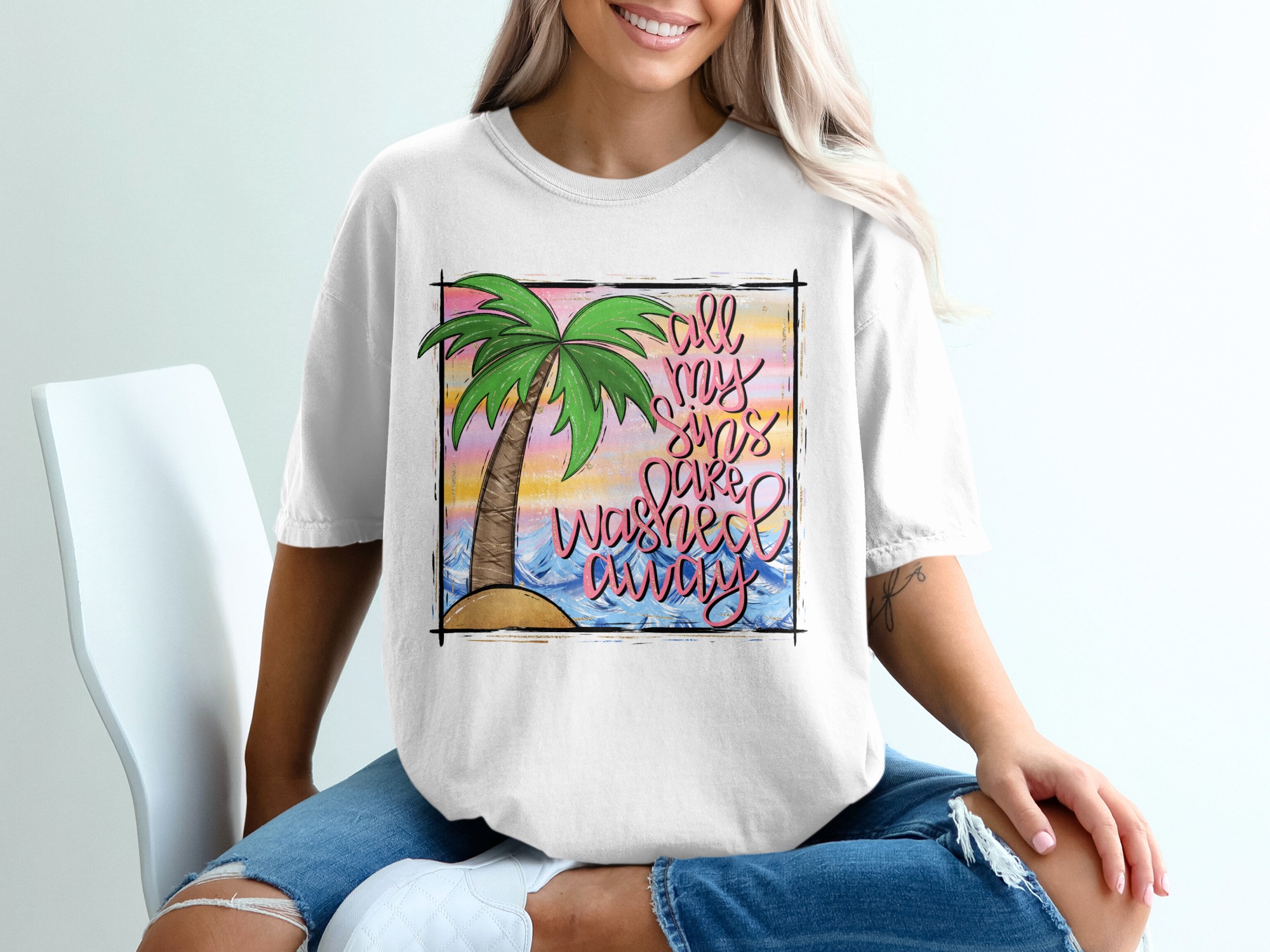 Washed Away Sins Digital Download, Palm Tree Sublimation, Beach DTF PNG, Christian Design, Faith Saying, Ocean Waves