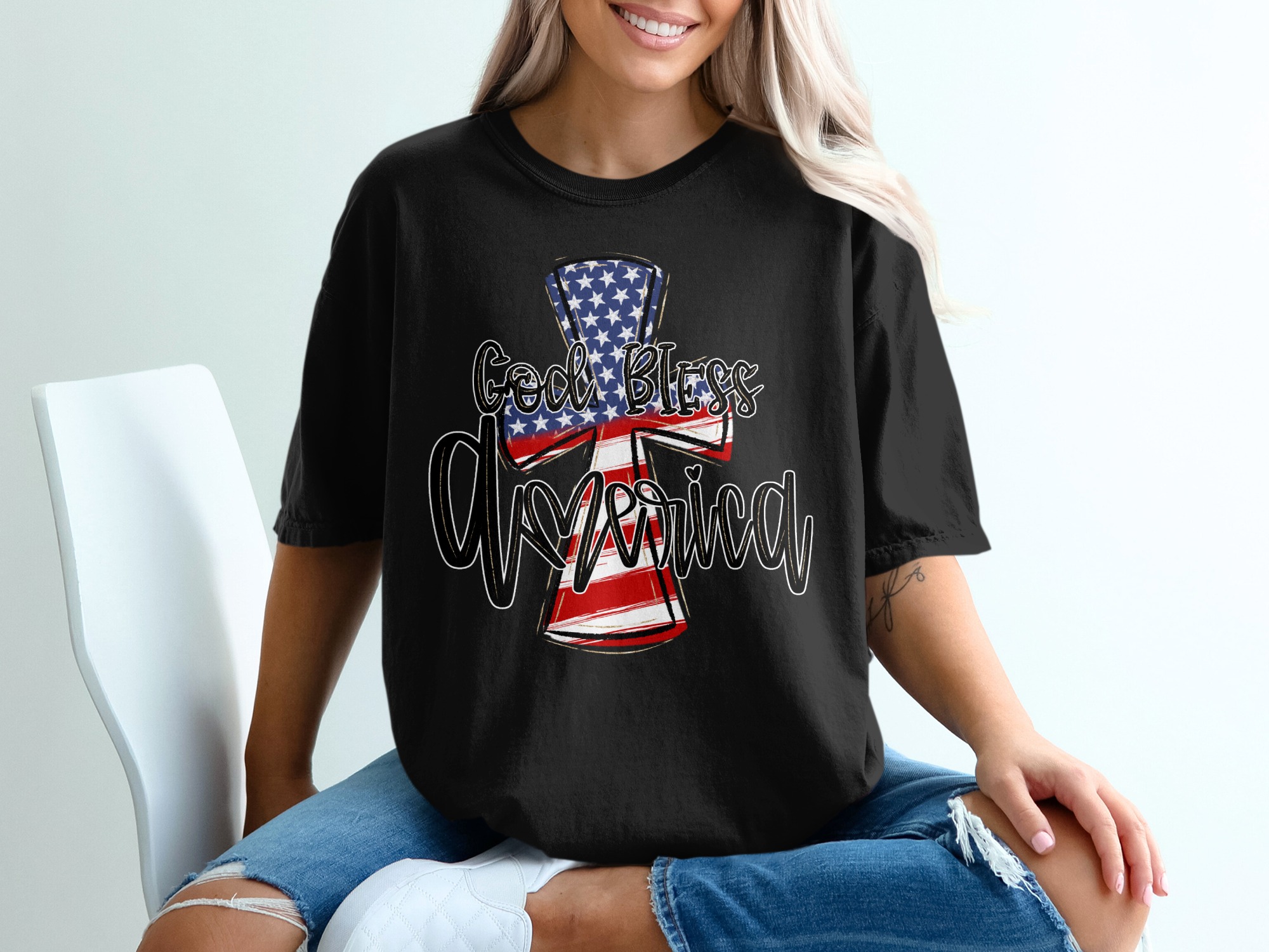God Bless America T-Shirt, Patriotic Tee, American Flag Cross Shirt, USA Pride Shirt, Christian Patriotic Shirt, Independence Day Shirt - Image 2