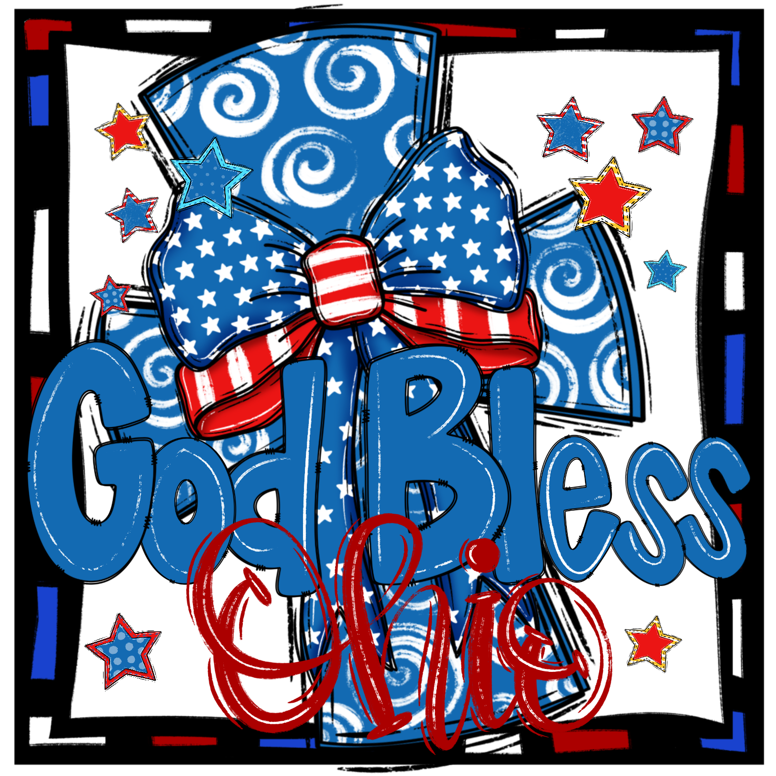 God Bless One Digital Download, Patriotic Sublimation PNG, DTF for Shirts, USA Flag Bow, Red White and Blue Design for Crafts