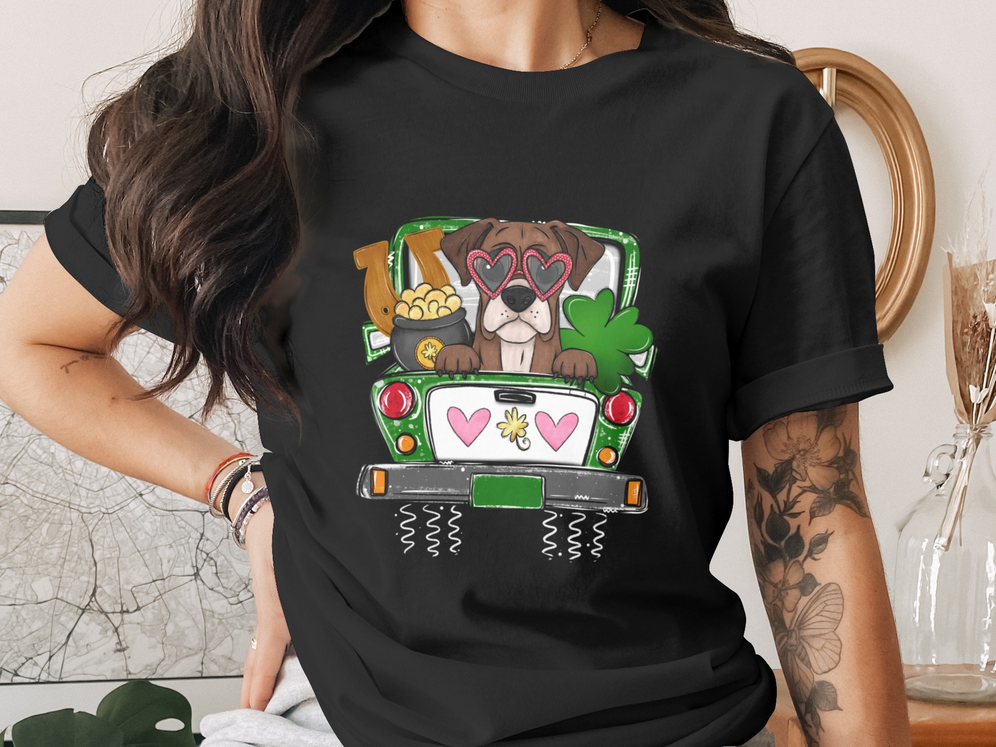 St Patricks Day Boxer Dog, Truck Digital Download, Sublimation PNG DTF, Irish Puppy Luck, Shamrock, Lucky Pot of Gold, Heart Sunglasses - Image 2