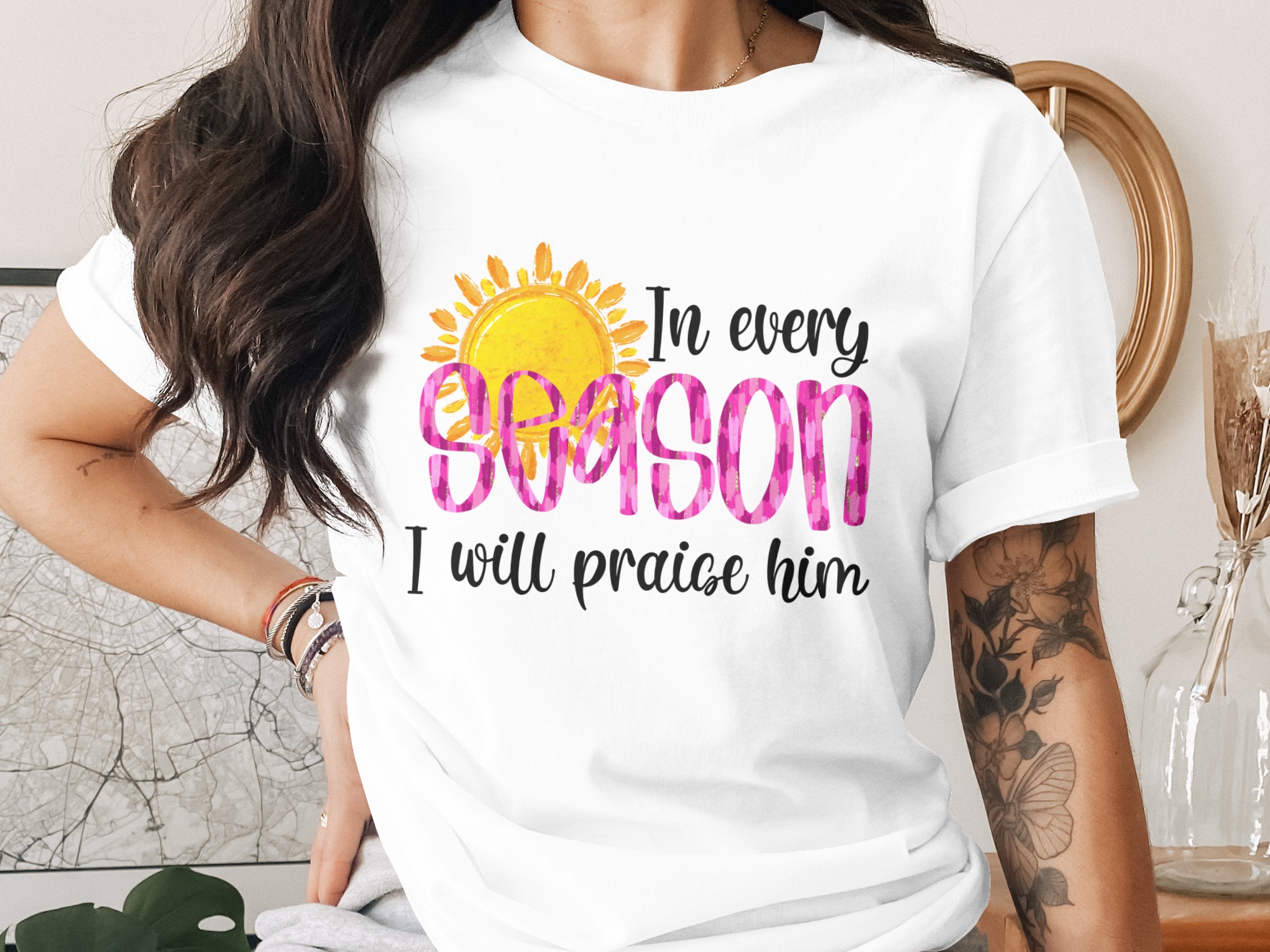 In Every Season Digital Download, Sublimation PNG, DTF Transfers, Faith Based Design, Sun Graphic, Christian Art, Religious Quote