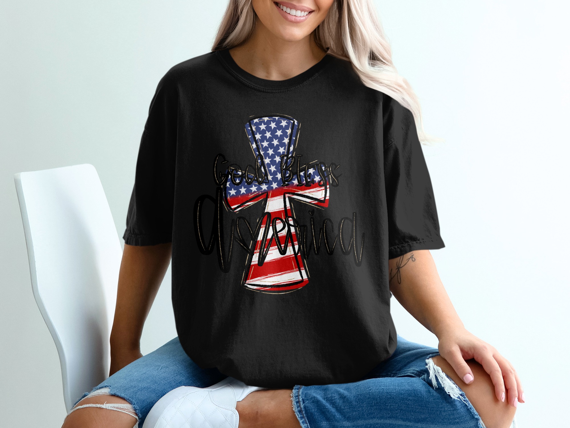 God Bless America T-Shirt, Patriotic Tee, USA Flag Cross, Christian Shirt, Fourth of July Shirt, American Pride, Religious Gift T-Shirt - Image 2