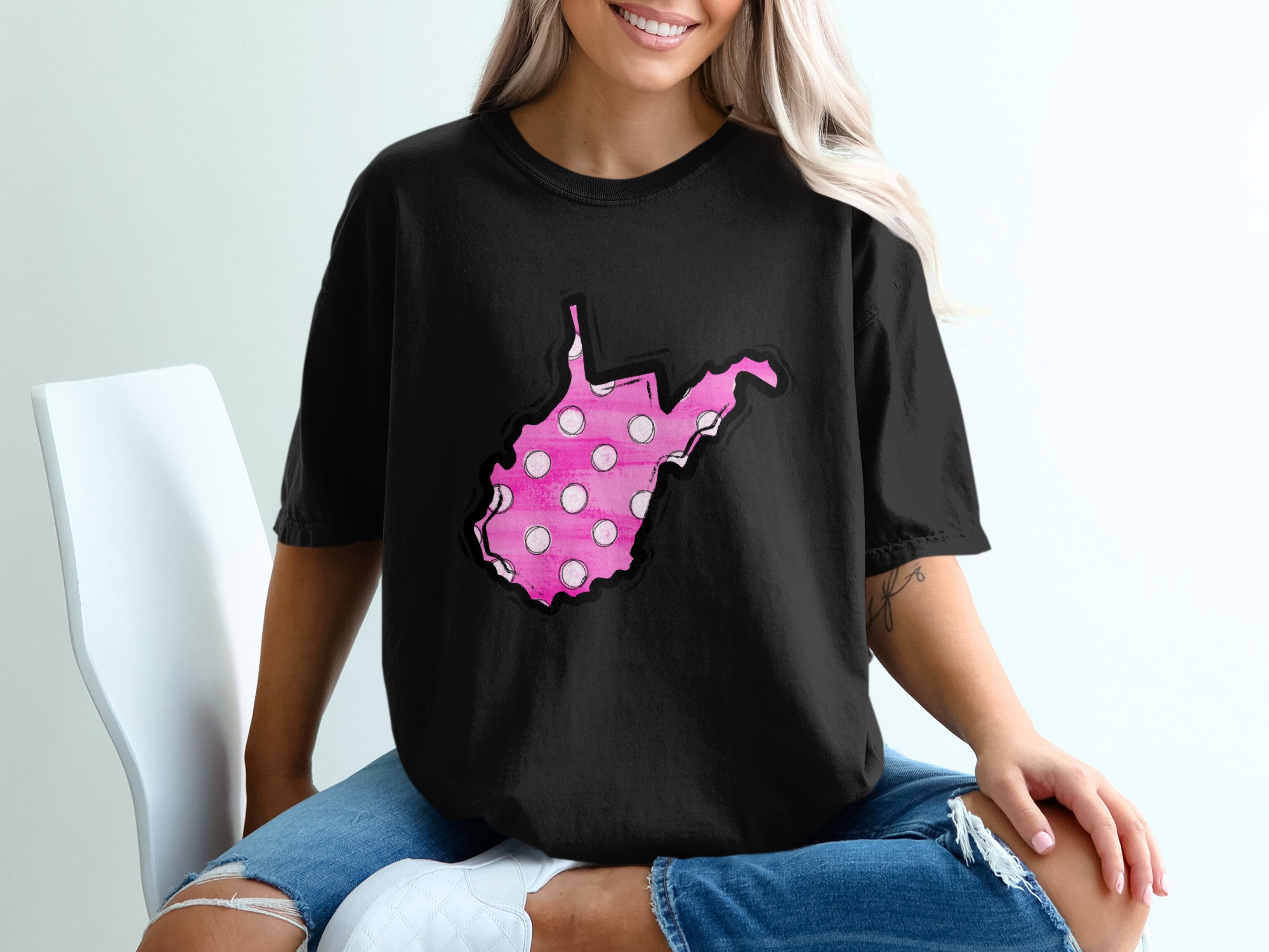 West Virginia State T-Shirt, WV Pink Polka Dot Tee, USA Map Shirt, Souvenir, Gifts for West Virginians, Travel Tee, Trendy T-Shirt - Image 2
