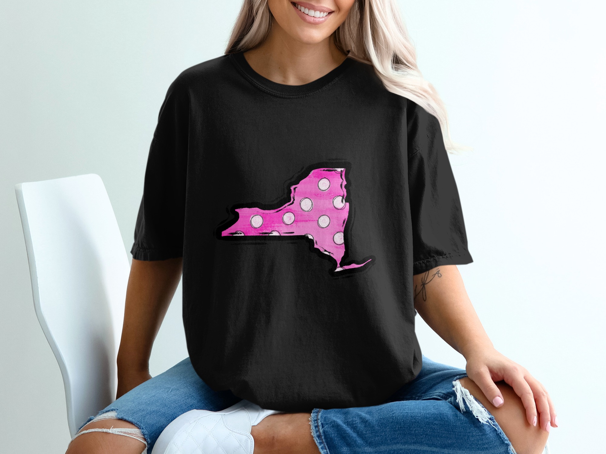 Pink Polka Dot New York State T Shirt, NY Pride Tee, Home State Love Shirt, USA Travel Souvenir, Gift for New Yorker, NY Lover Top - Image 2