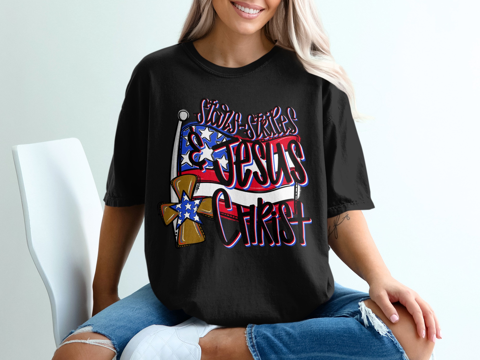 Stars Stripes and Jesus Christ T-Shirt, Patriotic USA Flag Tee, Christian Faith Graphic, American Pride Shirt, Religious Gift Idea - Image 2