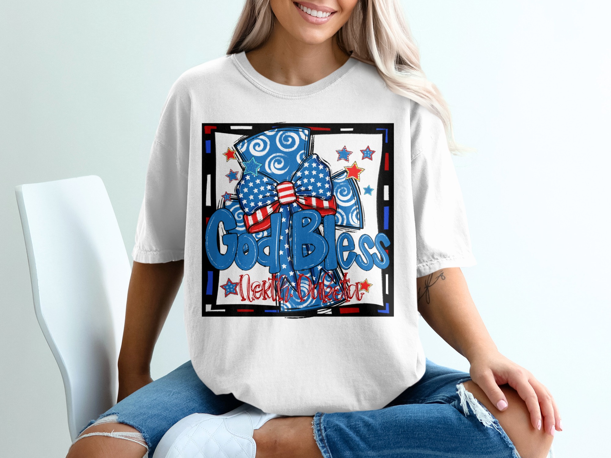God Bless North Dakota Digital Download, Patriotic Sublimation Design, DTF PNG, USA Flag Bow, Fourth of July Graphics, Stars and Stripes