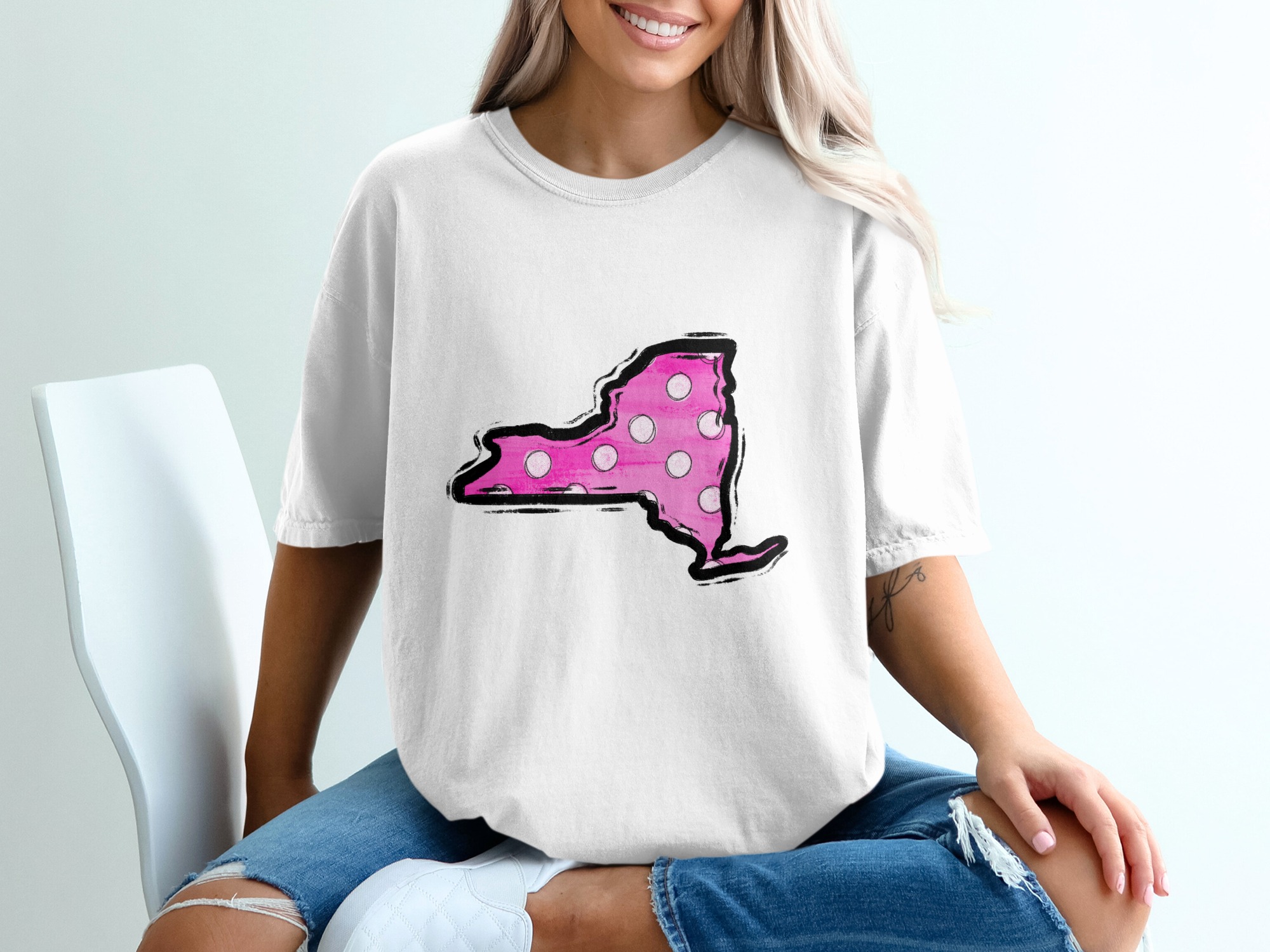 Pink Polka Dot New York State T Shirt, NY Pride Tee, Home State Love Shirt, USA Travel Souvenir, Gift for New Yorker, NY Lover Top