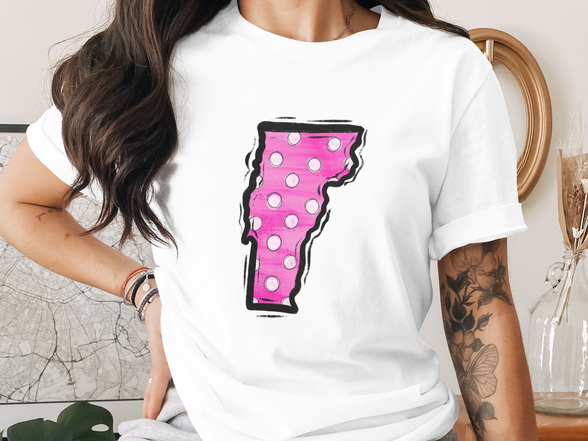 Vermont State Map Digital Download, Sublimation Design, Pink Polka Dot, DTF PNG, United States, Home State Pride - Image 2