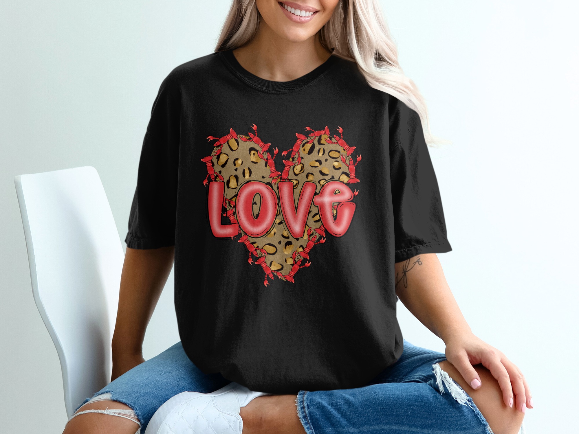 Leopard Heart Crawfish Love T-Shirt, Red Louisiana Lobster Tee, Cajun Food Shirt, Valentine's Day Gift Shirt, Southern Style Tee - Image 2