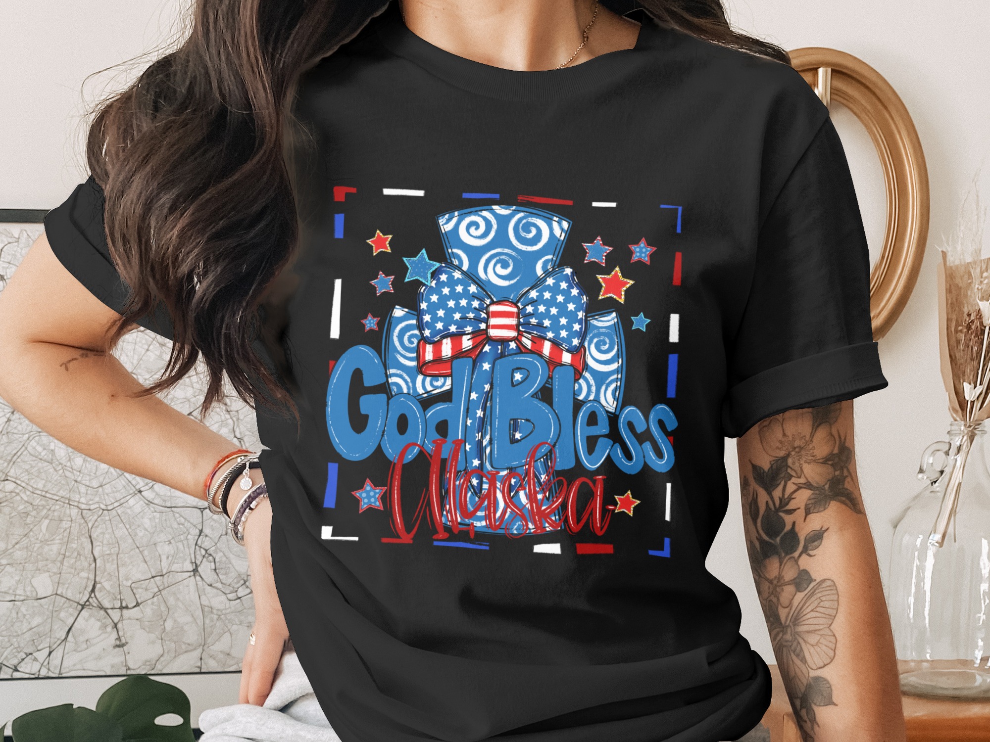 God Bless Alaska Digital Download, Sublimation Design, DTF PNG, Patriotic Design, Alaska Pride, USA Flag, Stars, Cross Design - Image 3