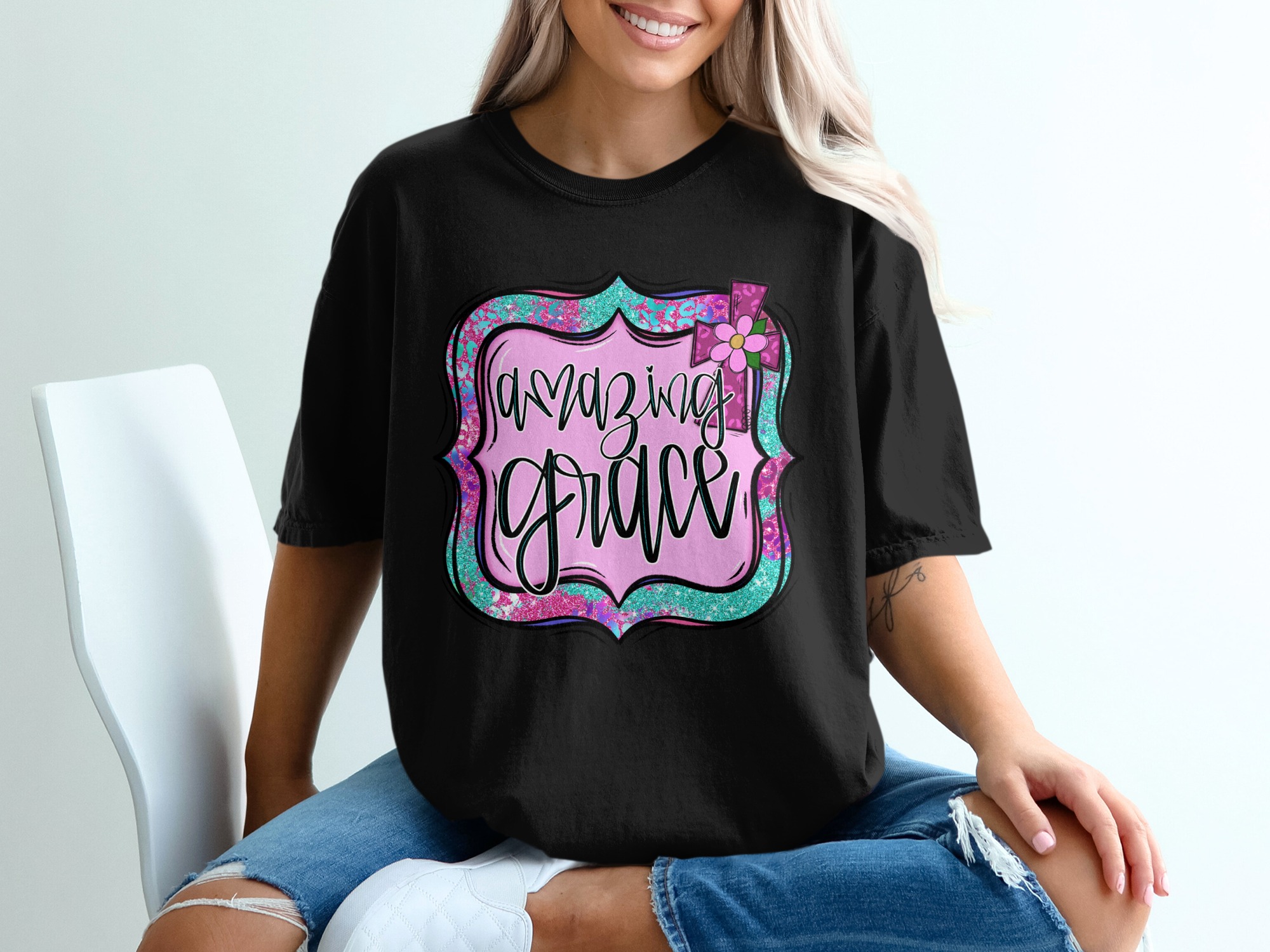 Amazing Grace T-Shirt, Floral Cross, Christian Tee, Religious Gift, Faith Based, Spiritual T Shirt, Trendy Design, Unique T-Shirt - Image 2