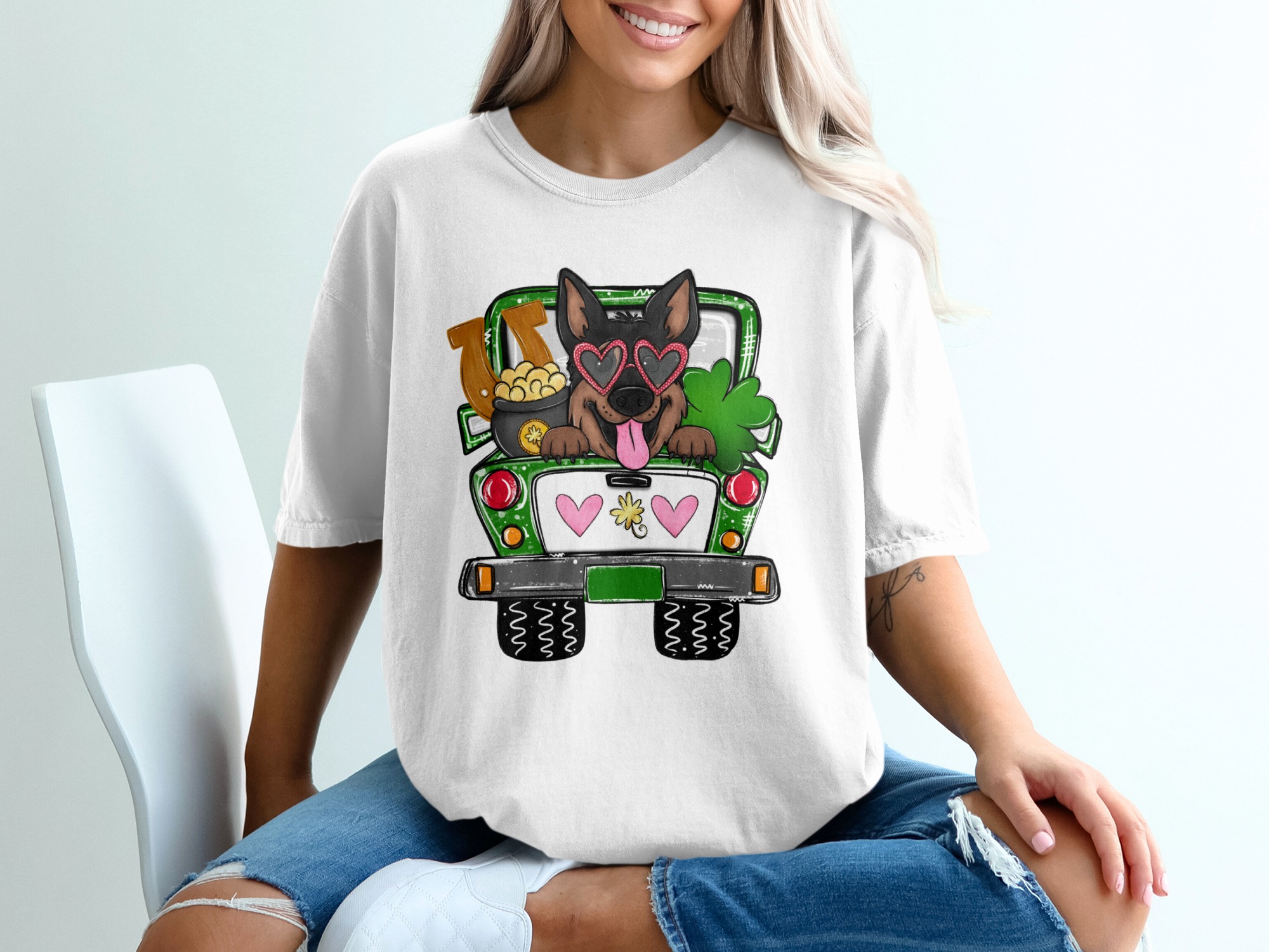 St Patricks Day Dog T-Shirt, German Shepherd Truck Tee, Shamrock Clover Irish Shirt, Lucky Pup Gift, Cute Dog Lover Apparel