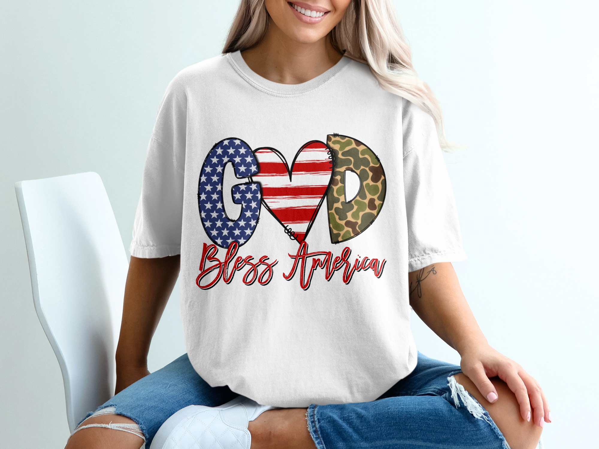 Bless America T-Shirt, Patriotic God T Shirt, USA Flag Heart Tee, Camo, American Pride, Faith Based Shirt, United States Apparel