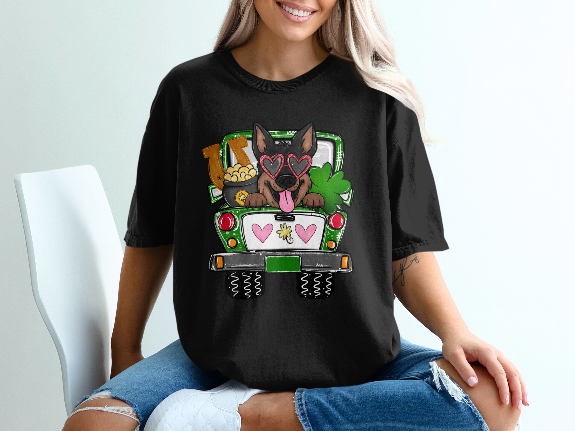 St Patricks Day Dog T-Shirt, German Shepherd Truck Tee, Shamrock Clover Irish Shirt, Lucky Pup Gift, Cute Dog Lover Apparel - Image 2