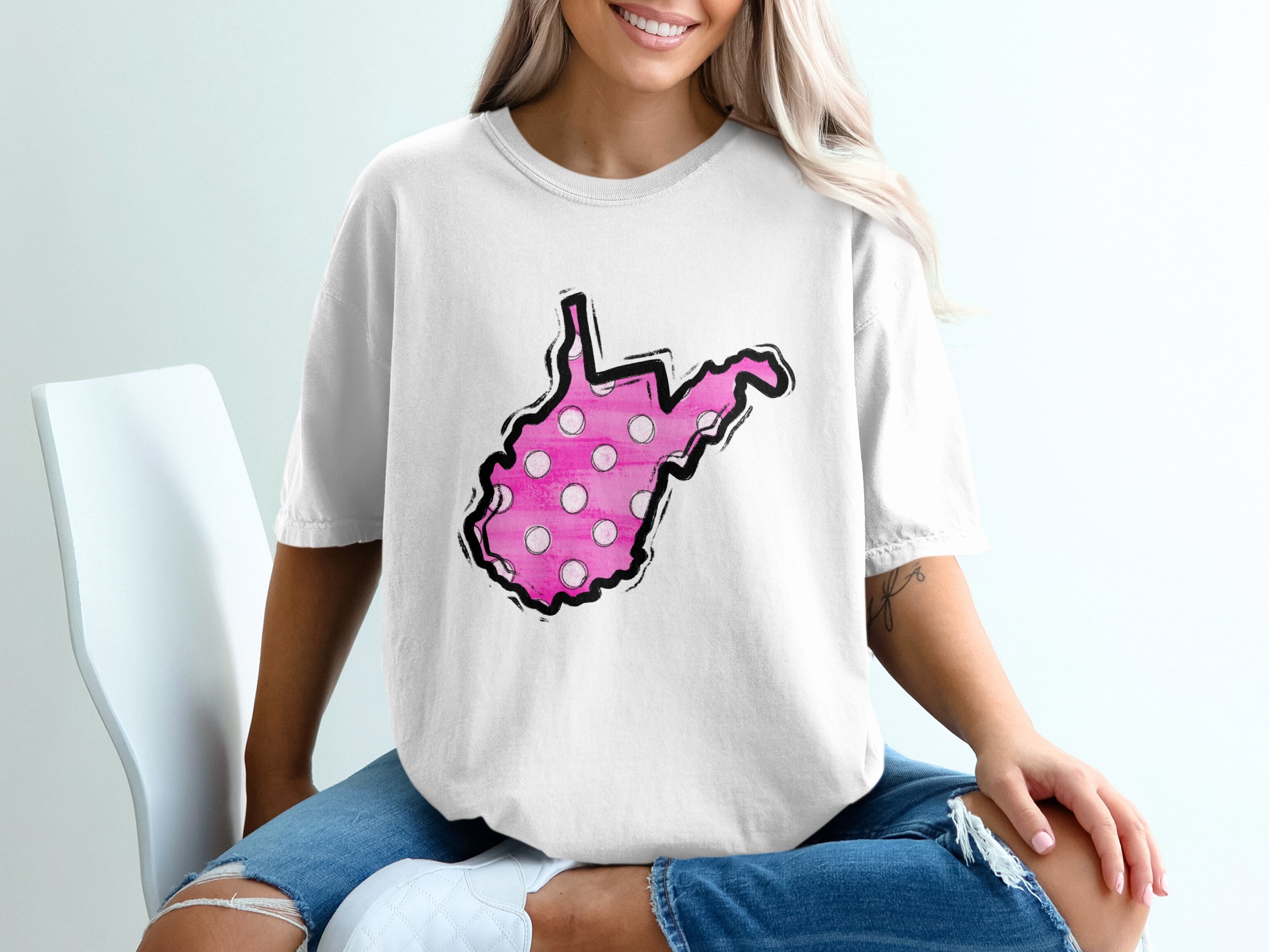 West Virginia State T-Shirt, WV Pink Polka Dot Tee, USA Map Shirt, Souvenir, Gifts for West Virginians, Travel Tee, Trendy T-Shirt