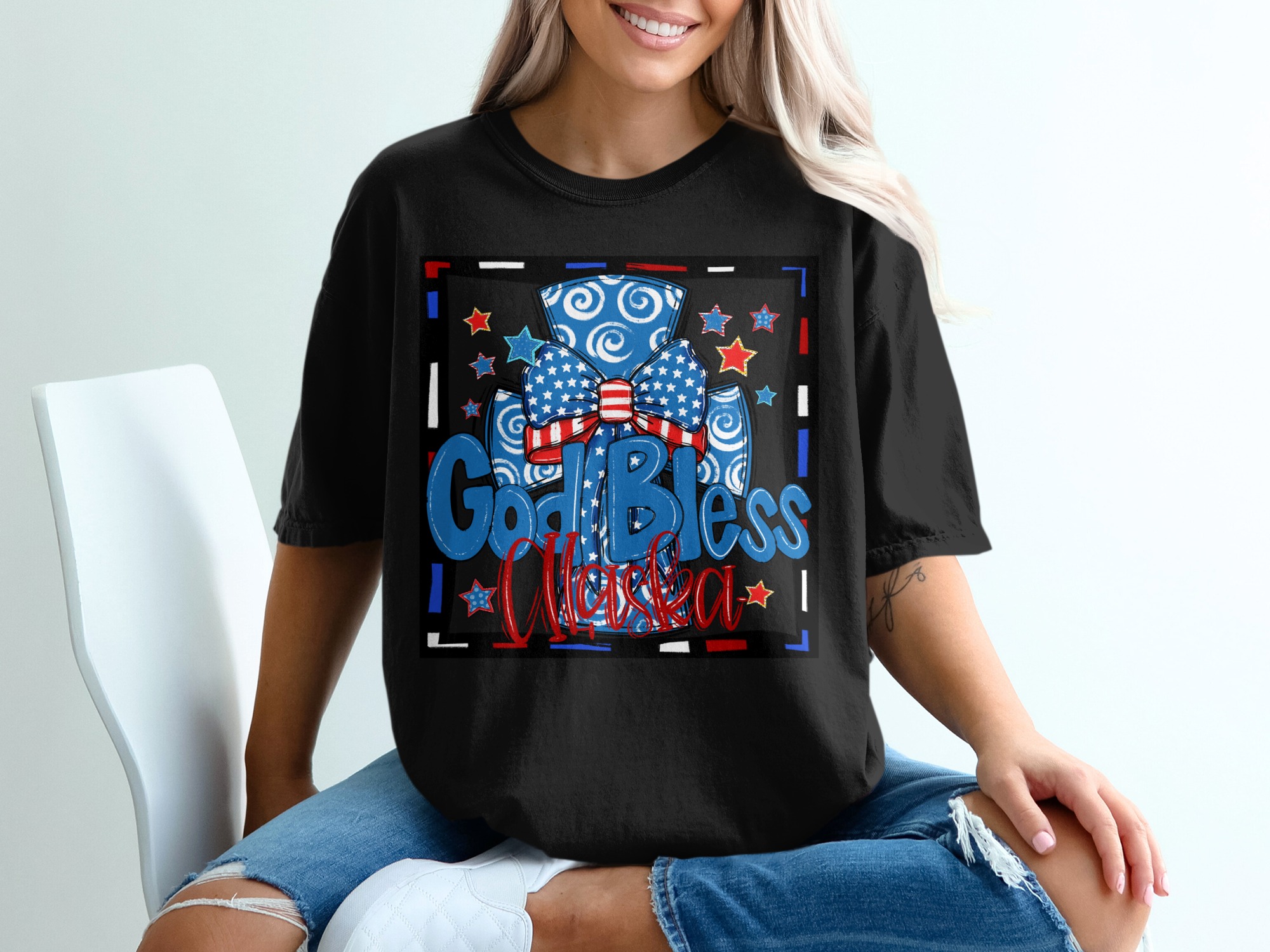 God Bless Alaska Digital Download, Sublimation Design, DTF PNG, Patriotic Design, Alaska Pride, USA Flag, Stars, Cross Design - Image 2