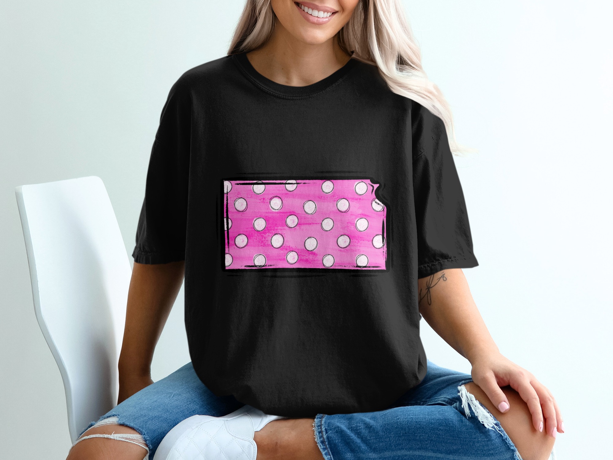Pink Polka Dot State T-Shirt, Trendy Graphic Tee, Unique Kansas Shirt, Stylish State Pride T-Shirt, Gift Idea - Image 2