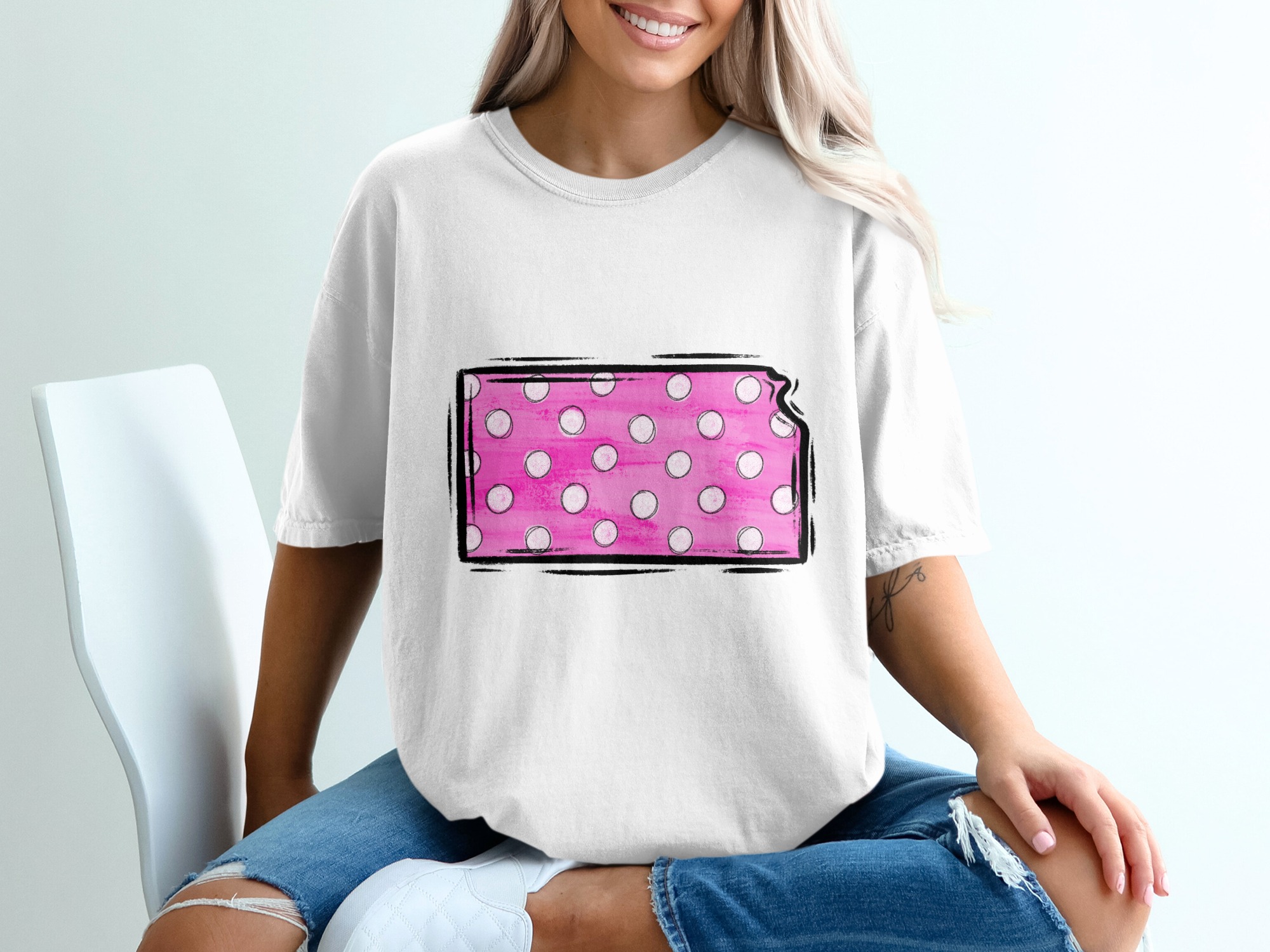 Pink Polka Dot State T-Shirt, Trendy Graphic Tee, Unique Kansas Shirt, Stylish State Pride T-Shirt, Gift Idea