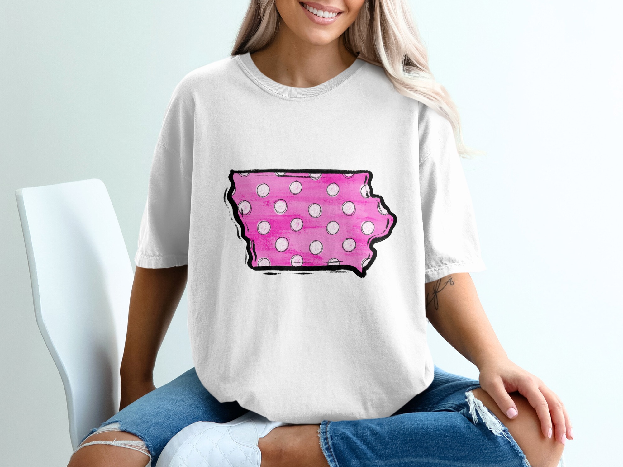 Iowa T-Shirt, Pink Polka Dot State, Unique Souvenir, Iowa Pride, State Pride, Gift for Iowan, Stylish T Shirt, Trendy Tee, Casual T Shirt