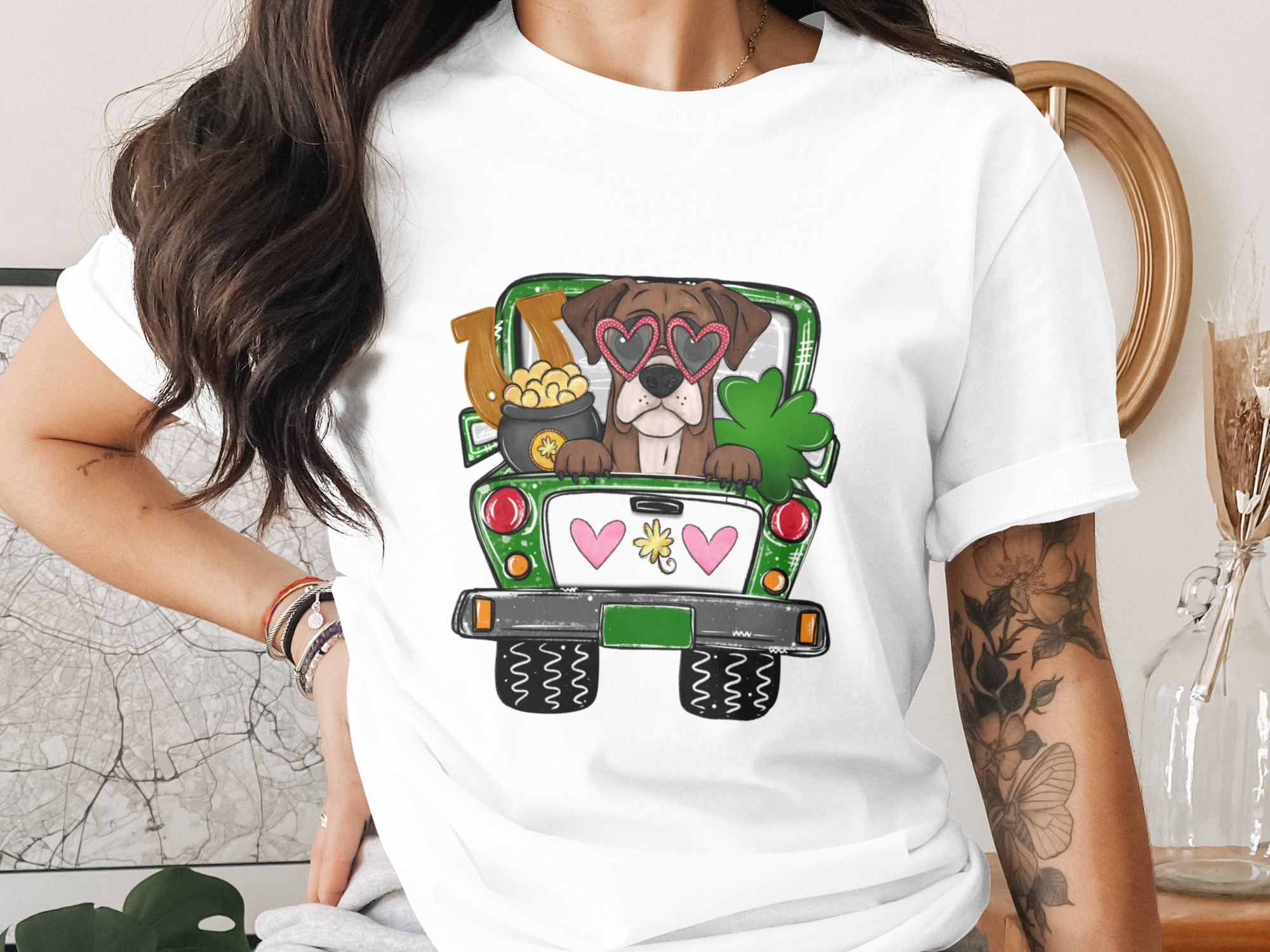 St Patricks Day Boxer Dog, Truck Digital Download, Sublimation PNG DTF, Irish Puppy Luck, Shamrock, Lucky Pot of Gold, Heart Sunglasses