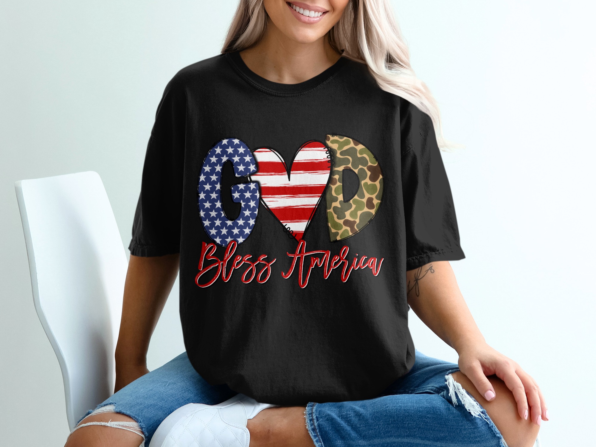 Bless America T-Shirt, Patriotic God T Shirt, USA Flag Heart Tee, Camo, American Pride, Faith Based Shirt, United States Apparel - Image 2