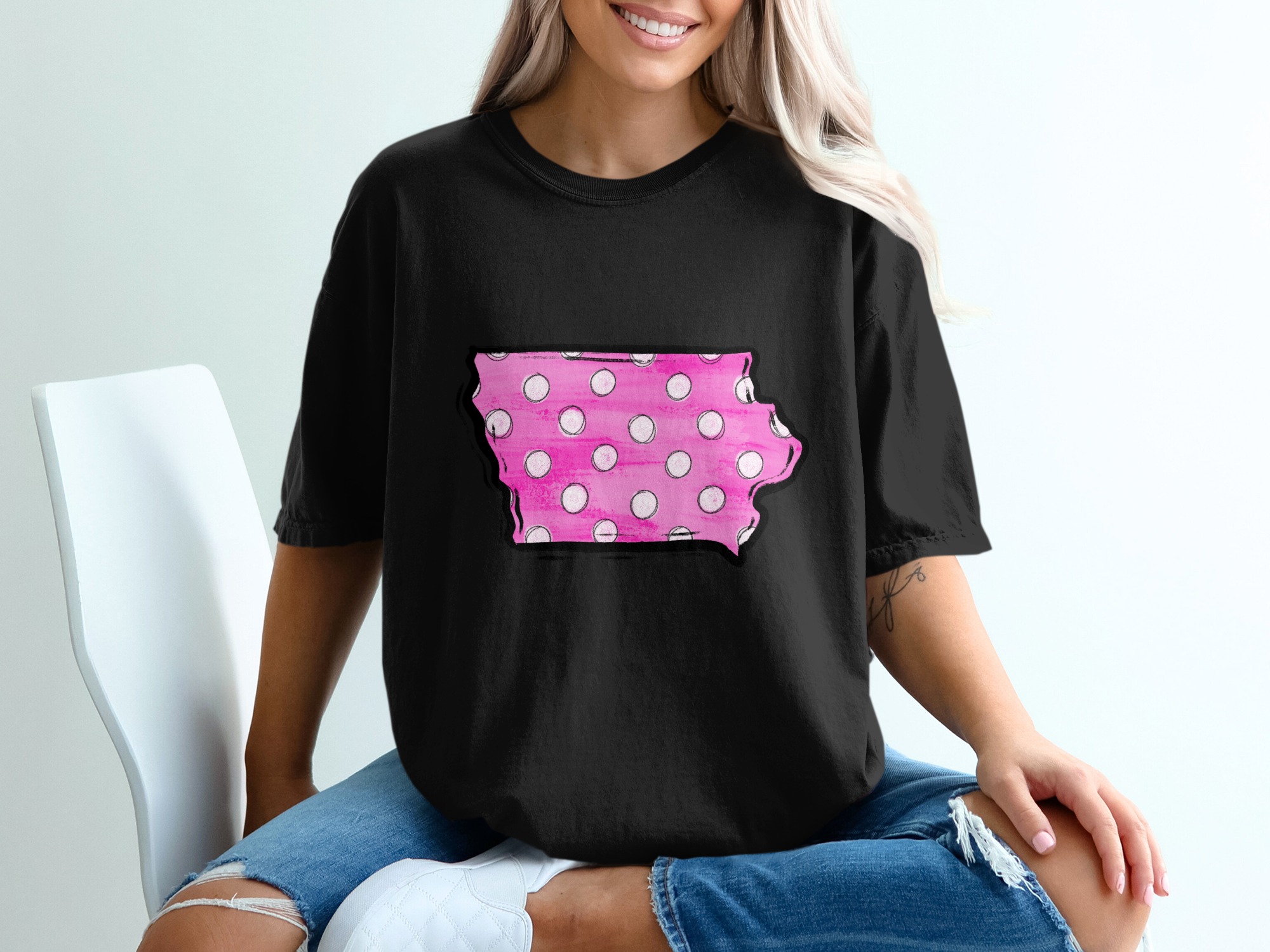 Iowa T-Shirt, Pink Polka Dot State, Unique Souvenir, Iowa Pride, State Pride, Gift for Iowan, Stylish T Shirt, Trendy Tee, Casual T Shirt - Image 2