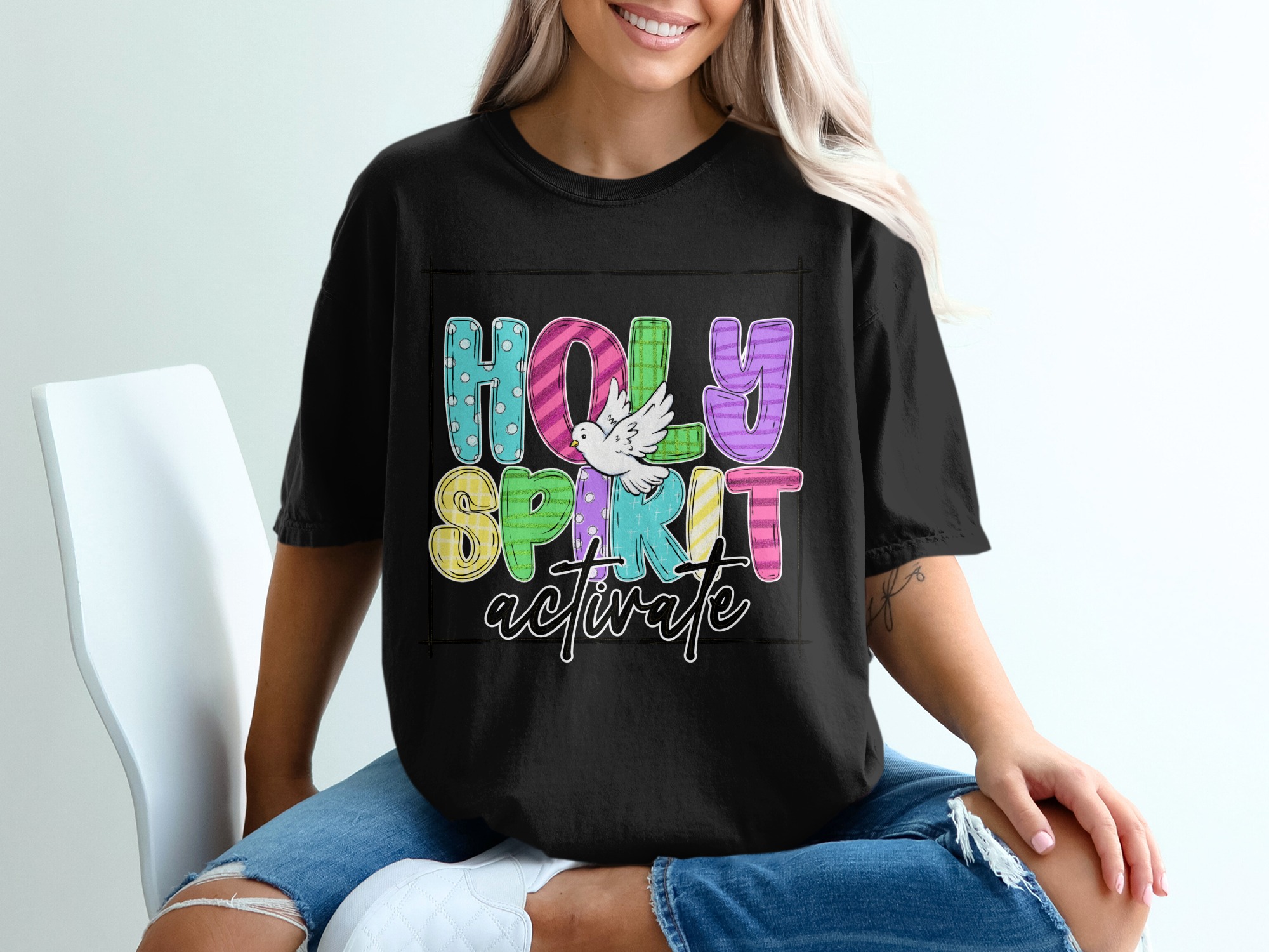Holy Spirit Activate T-Shirt, Dove T Shirt, Christian TShirt, Colorful Graphic Tee, Religious Shirt, Gift for Christians, Faith Tee - Image 2