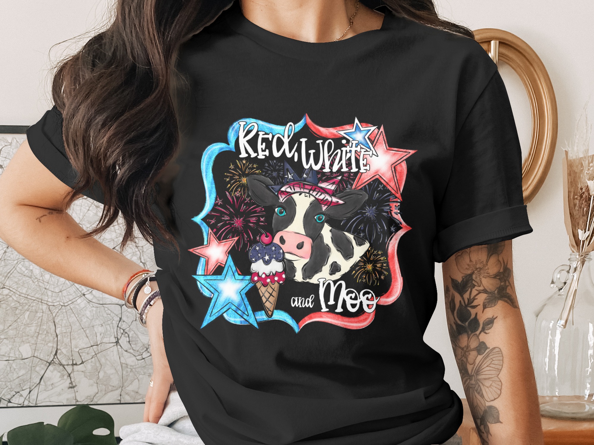 Red White and Moo Digital Download Sublimation DTF PNG, Patriotic Cow, 4th of July Design, Fireworks, Ice Cream, Stars, Farm Animal - Image 2