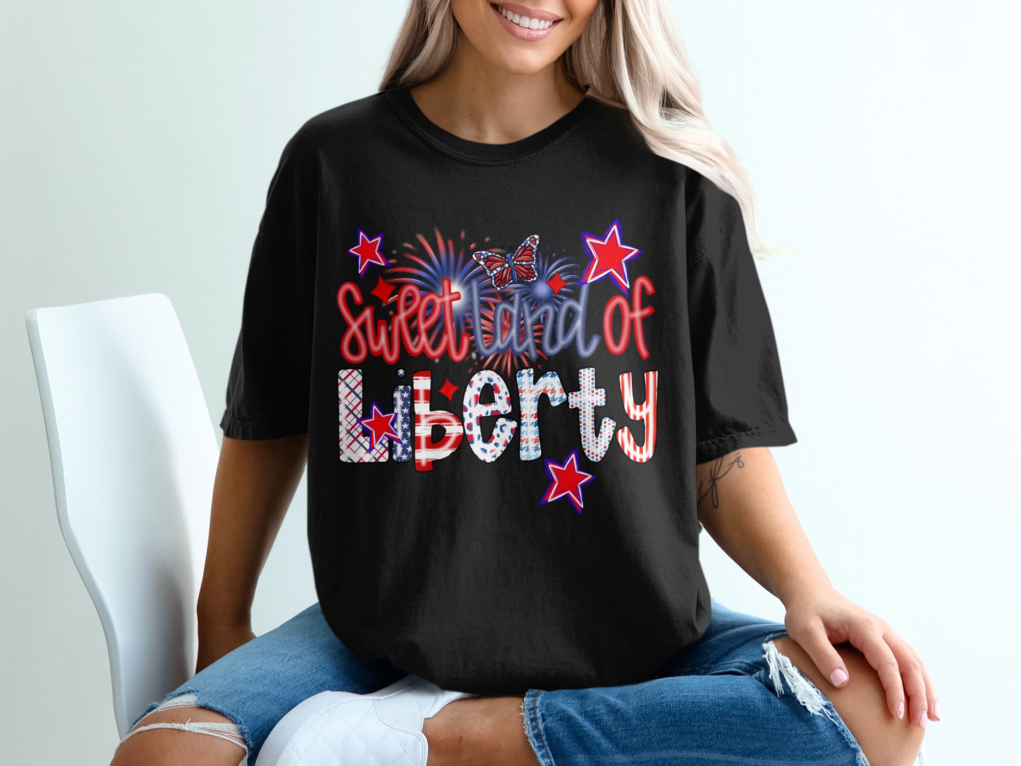Sweet Land of Liberty T-Shirt, Patriotic Tee, July 4th Shirt, USA Stars, Butterfly Shirt, Fireworks T-Shirt, Independence Day Gift - Image 2