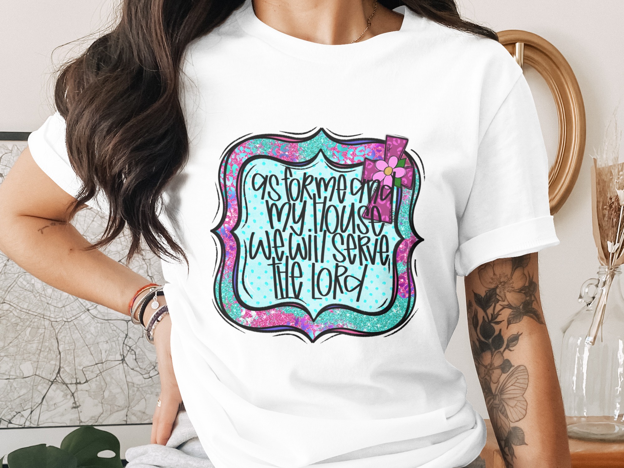 As for Me and My House, Digital Download Sublimation DTF PNG, Christian Printable, Religious Design, Scripture Art, Floral Cross Decor