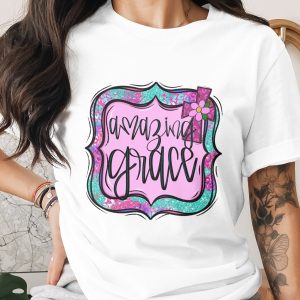 Amazing Grace Digital Download, Sublimation Design, DTF Print, PNG File, Christian Design, Religious Art, Cross with Flower Design