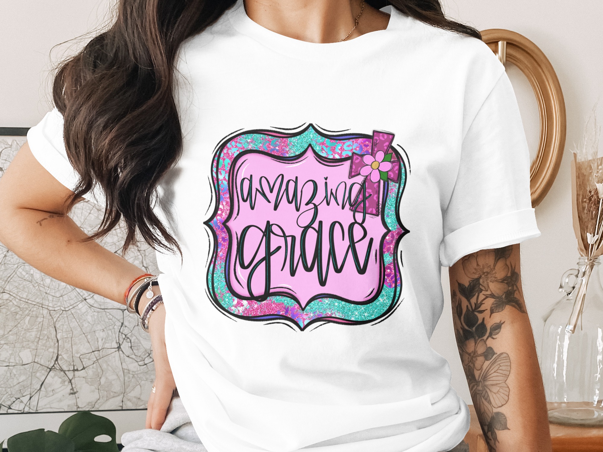 Amazing Grace Digital Download, Sublimation Design, DTF Print, PNG File, Christian Design, Religious Art, Cross with Flower Design