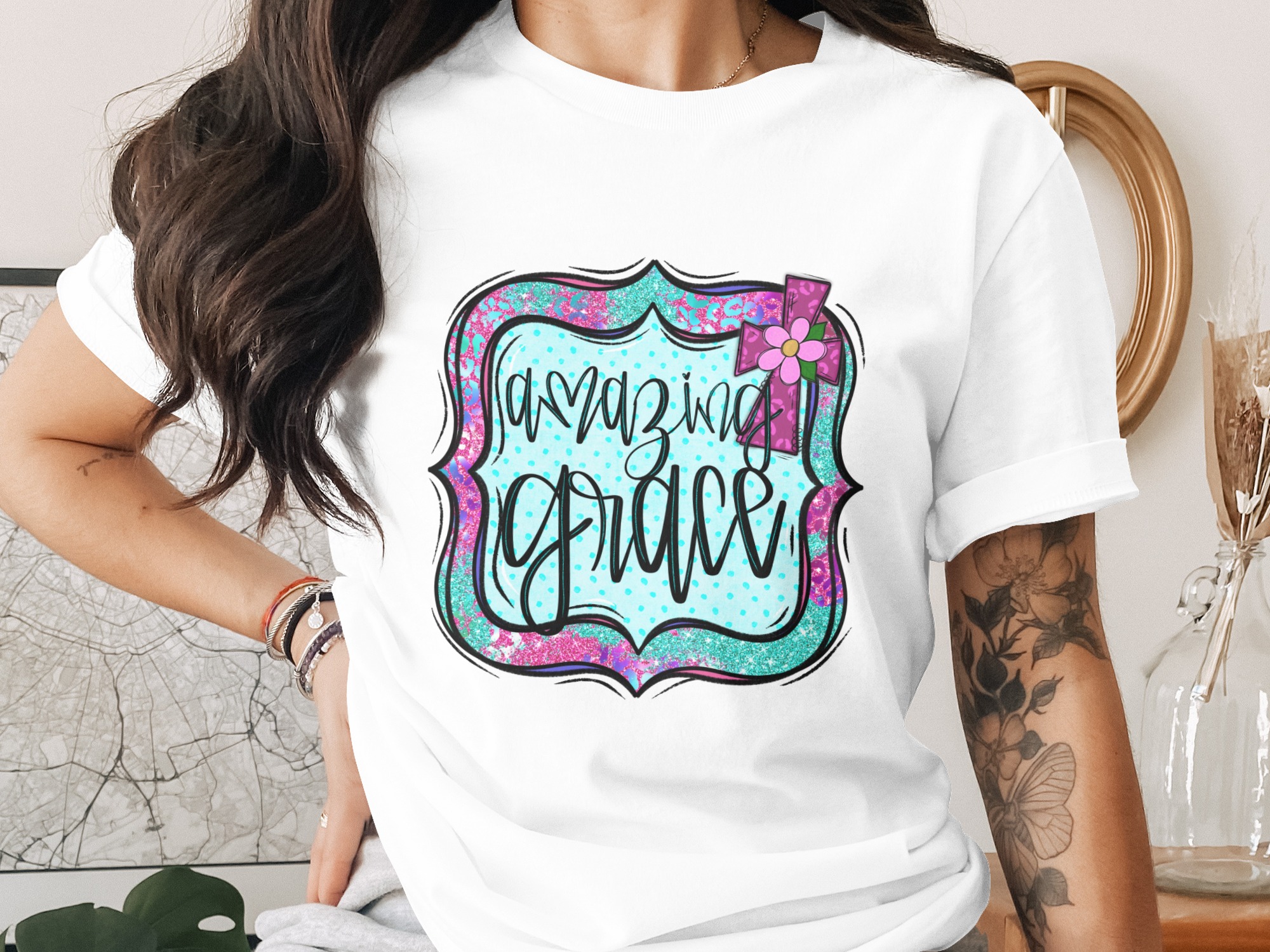 Amazing Grace Floral Cross, Digital Download Sublimation DTF PNG, Christian Design, Easter, Religious, Faith Based Gift, Church