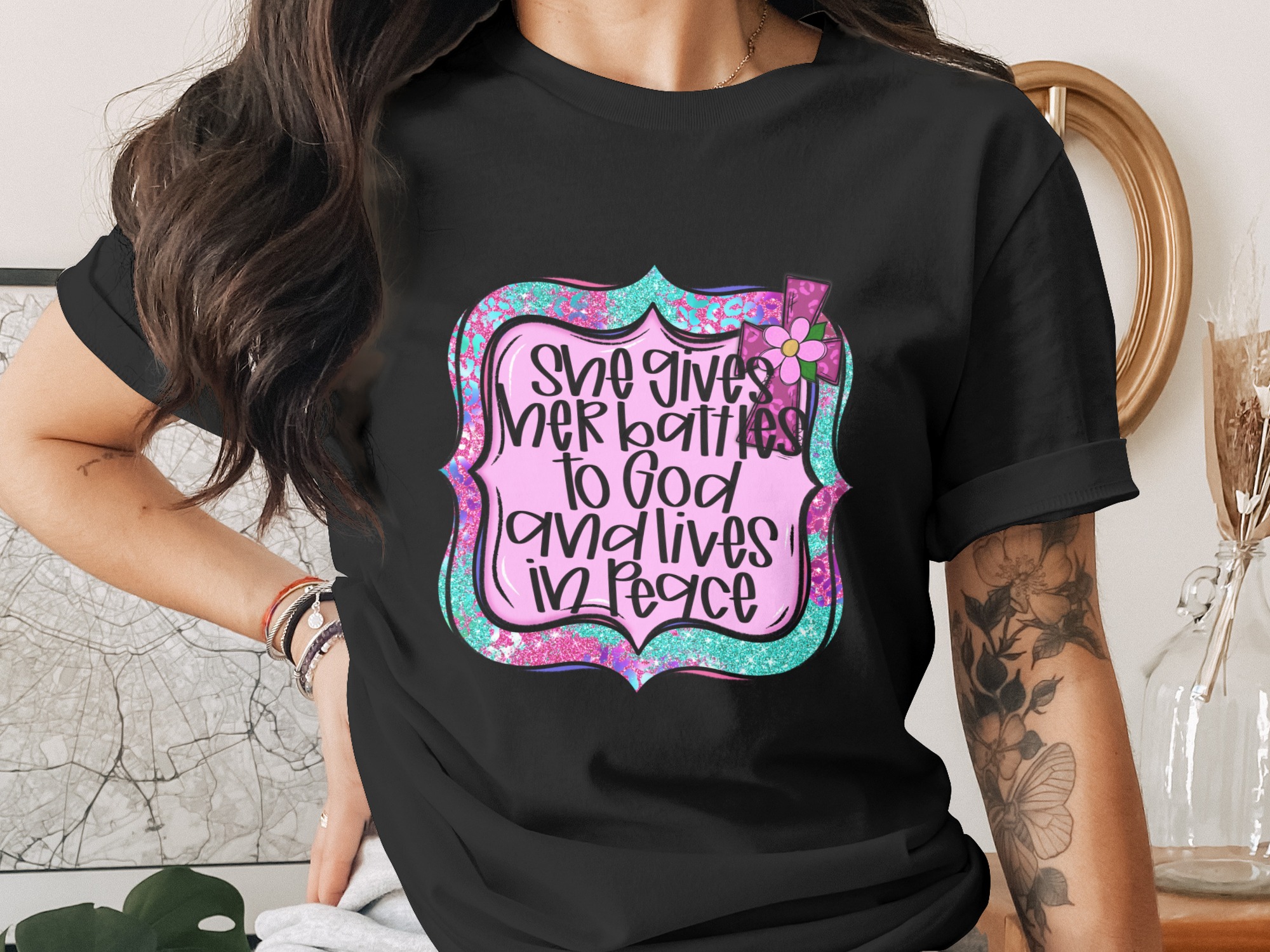She Gives Her Battles Digital Download Sublimation PNG DTF, Faith Cross Flowers Design, Christian Religious Peace Art, Church Quote Design - Image 2