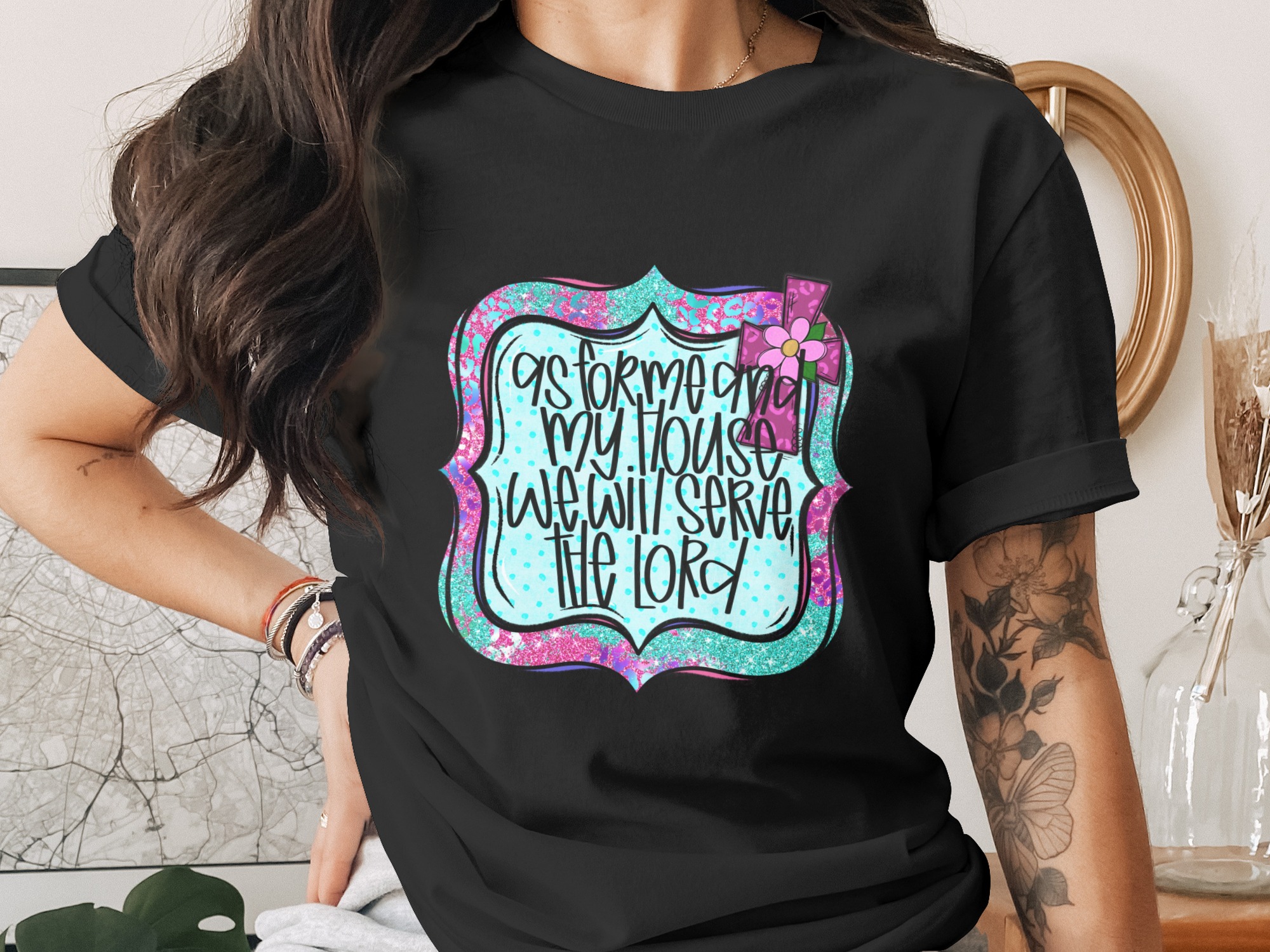 As for Me and My House, Digital Download Sublimation DTF PNG, Christian Printable, Religious Design, Scripture Art, Floral Cross Decor - Image 2