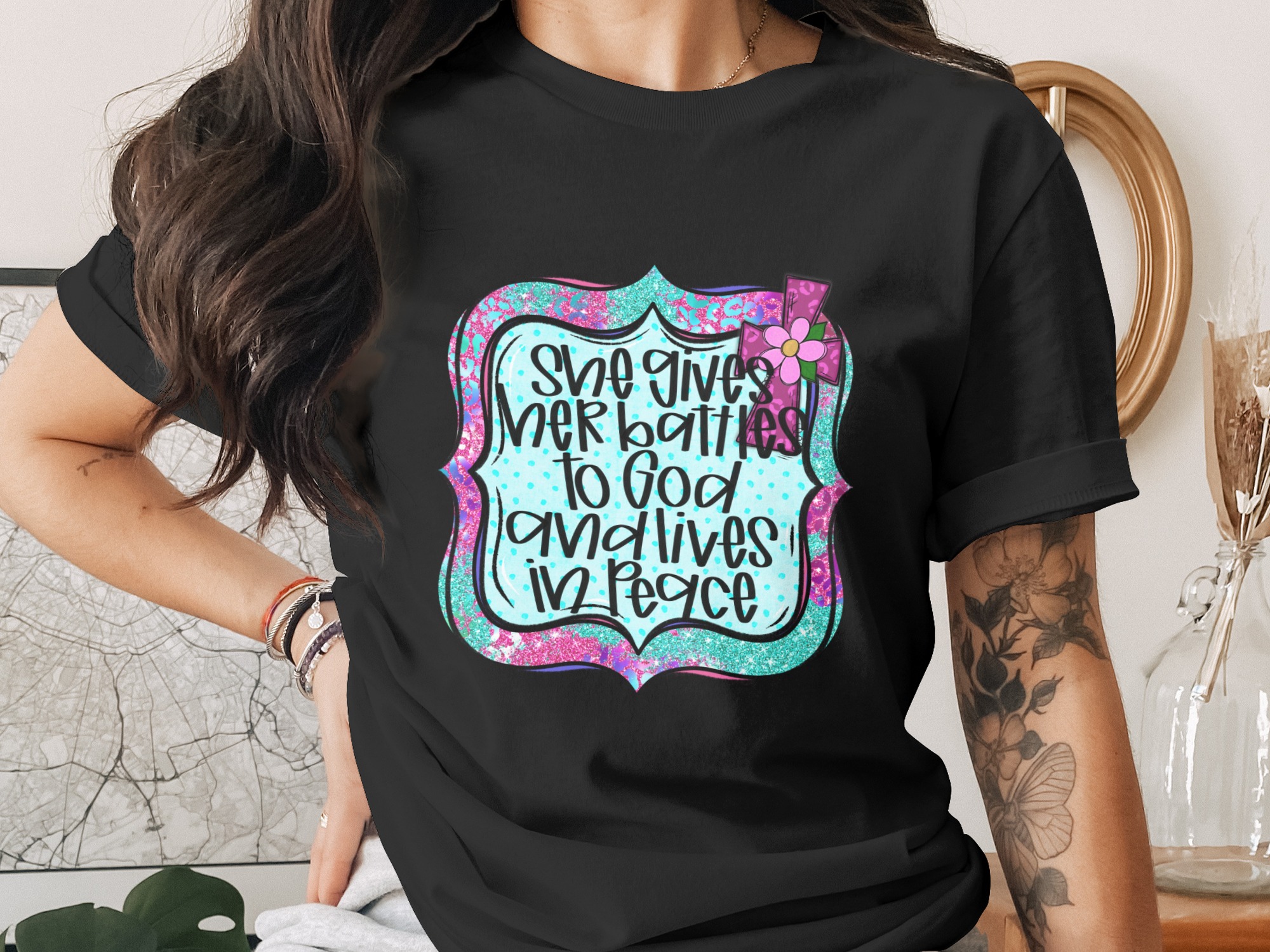 Christian Digital Download, She Gives Her Battles To God PNG, Religious Sublimation Design, Inspirational Quote DTF, Faith Based Art - Image 2