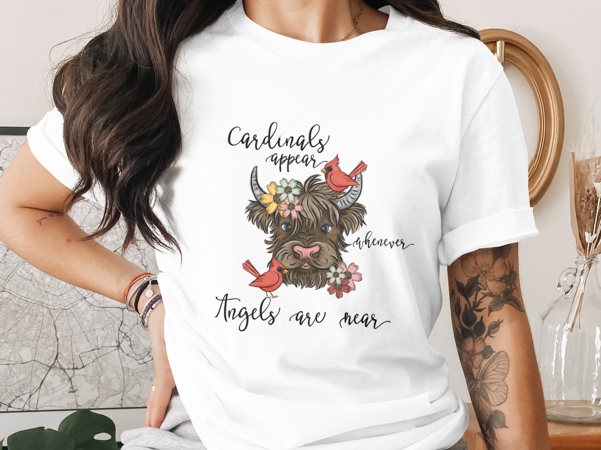 Cardinals Appear Highland Cow, Digital Download, Sublimation Design, DTF, PNG, Angel Near, Memorial Gift, Cute Cow Graphic, Farm Animal Art