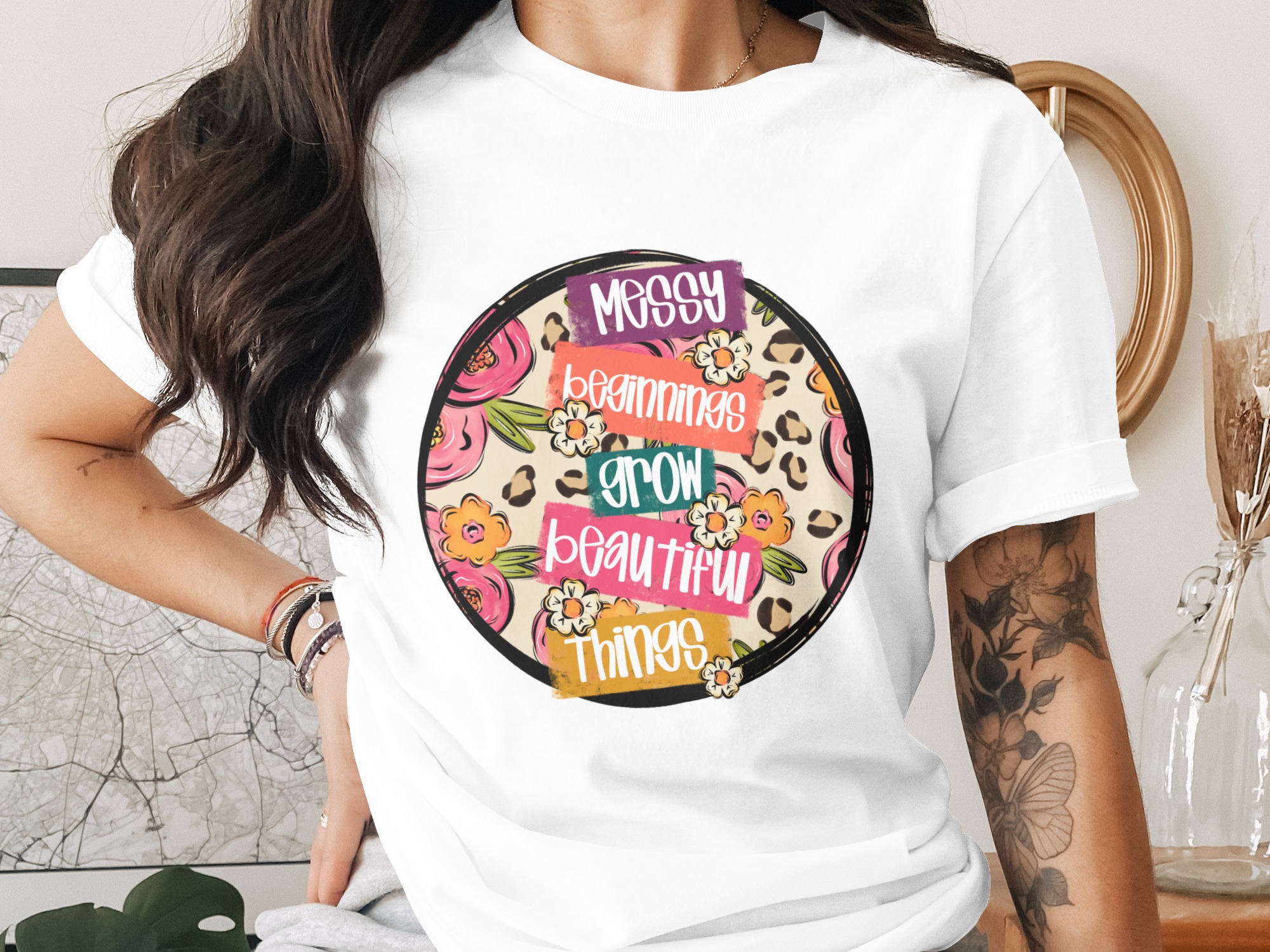 Messy Beginnings, Beautiful Things Digital Download, Sublimation Design, DTF Design, PNG File, Flowers, Leopard Print, T Shirt Design