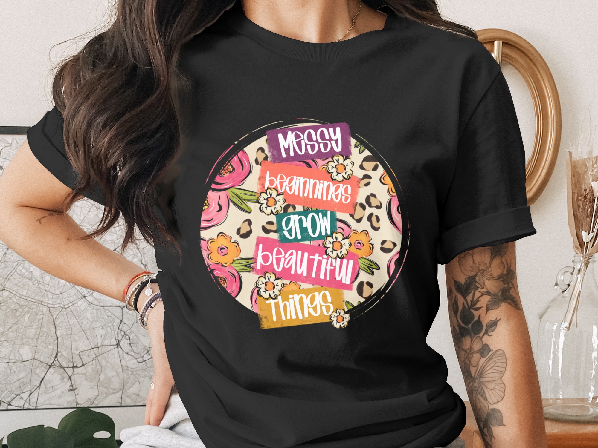 Messy Beginnings, Beautiful Things Digital Download, Sublimation Design, DTF Design, PNG File, Flowers, Leopard Print, T Shirt Design - Image 2