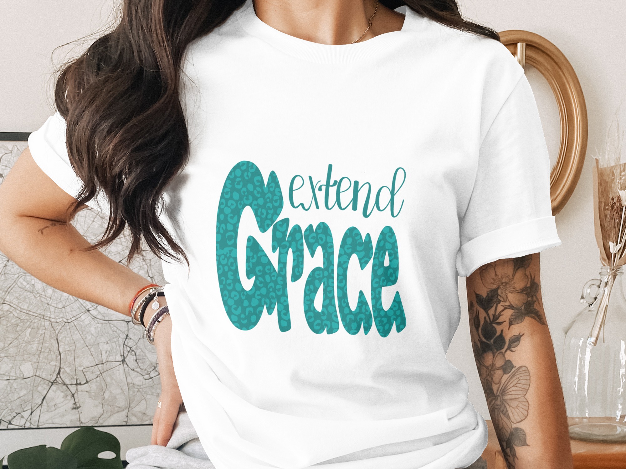Extend Grace Leopard Print Digital Download, Sublimation Design, DTF PNG, Teal Animal Print, Christian Saying, Motivational Quote Art