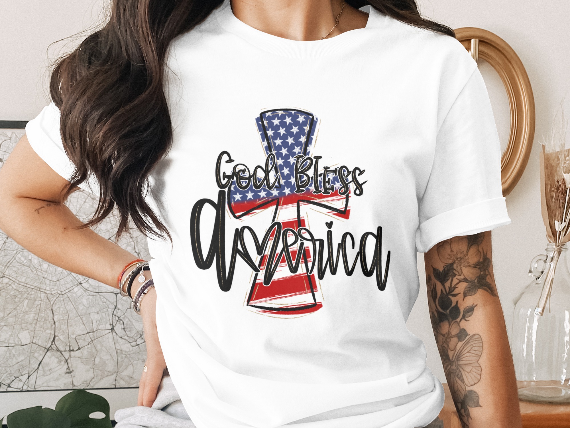 God Bless America Cross, Digital Download, Patriotic PNG, Sublimation Design, DTF Print, USA Flag, Fourth of July, Patriotic Gift